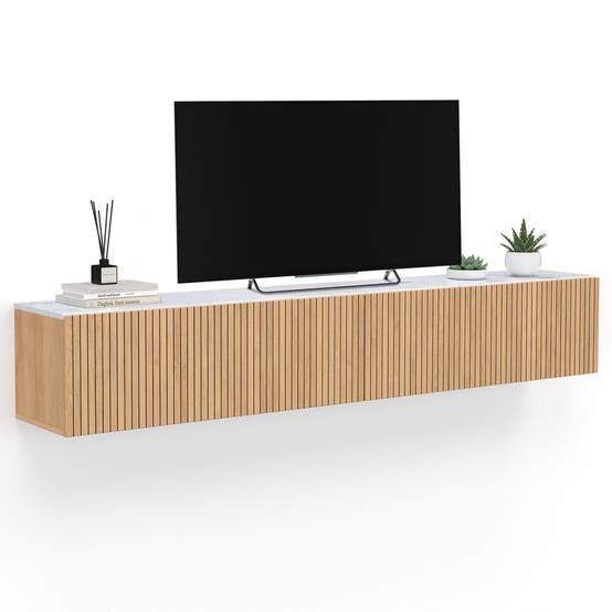 IDMARKET - Meuble TV 180 cm suspendu JULIETTE 2 portes plateau effet marbre lattes tasseau bois coloris chêne - Image 2