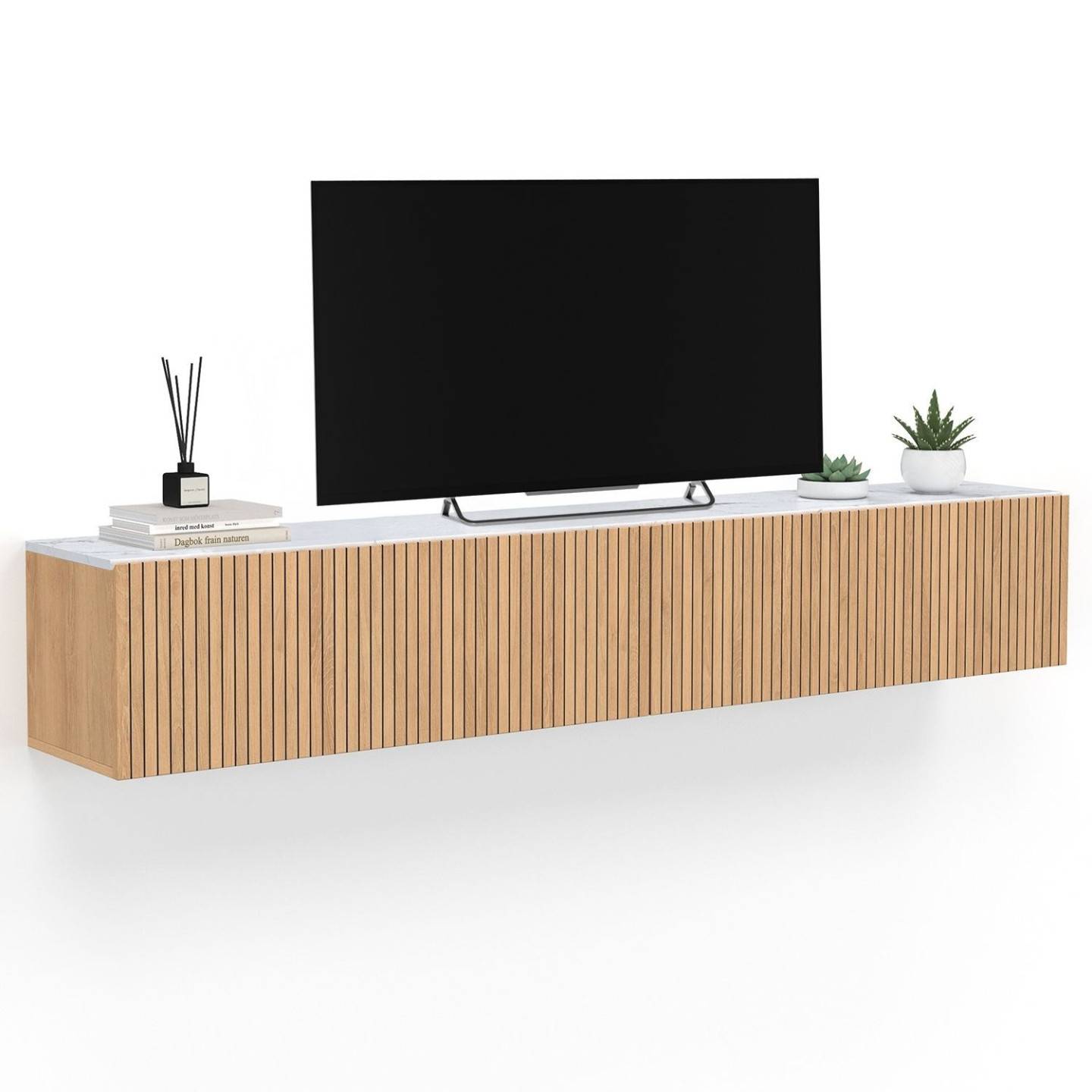 IDMARKET - Meuble TV 180 cm suspendu JULIETTE 2 portes plateau effet marbre lattes tasseau bois coloris chêne - Image 2