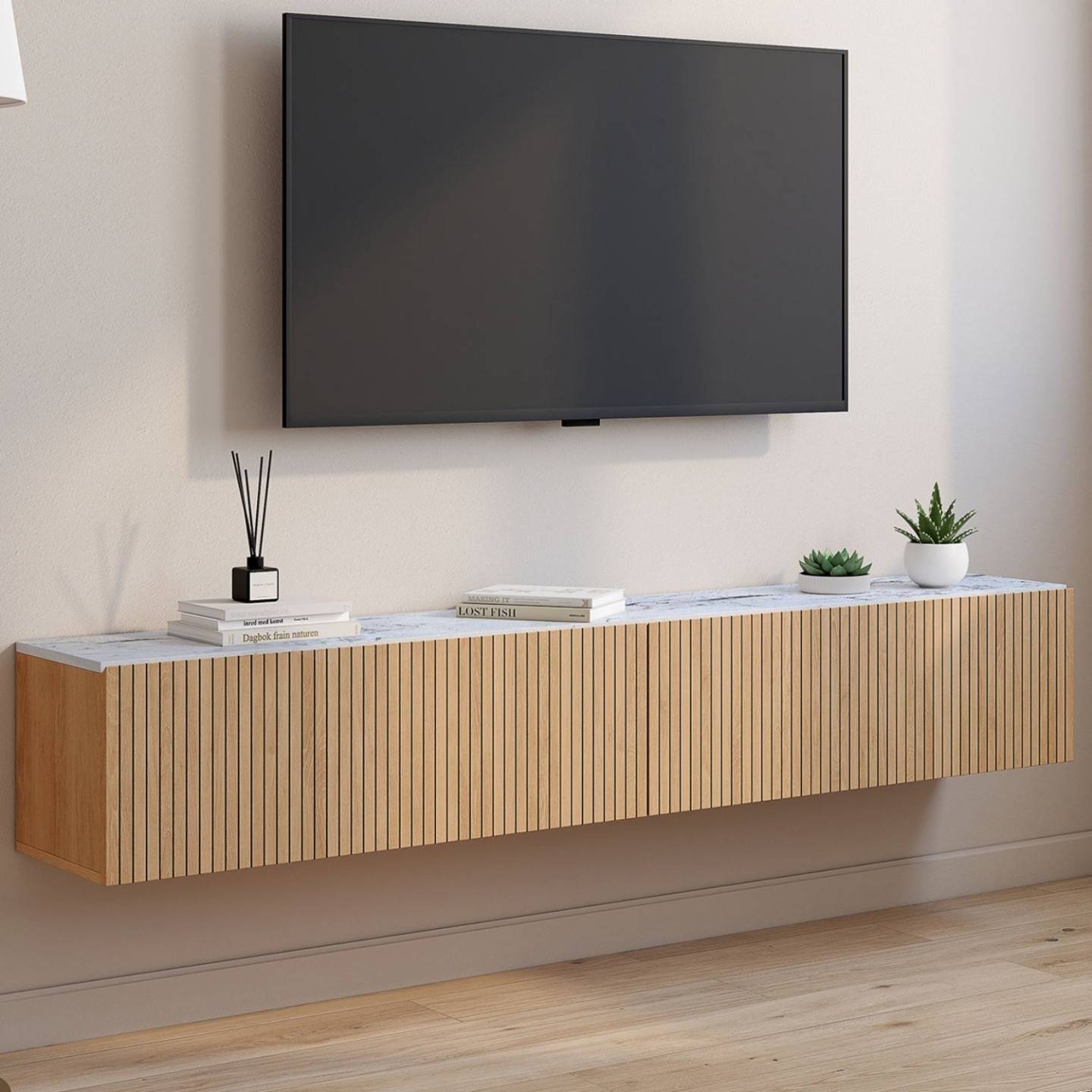 IDMARKET - Meuble TV 180 cm suspendu JULIETTE 2 portes plateau effet marbre lattes tasseau bois coloris chêne - Image 1