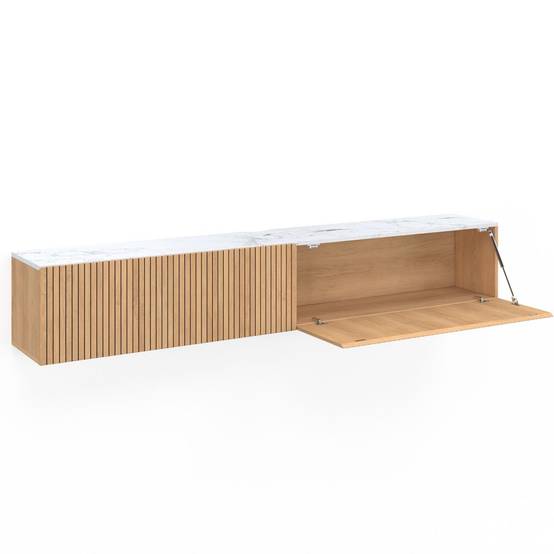 IDMARKET - Meuble TV 180 cm suspendu JULIETTE 2 portes plateau effet marbre lattes tasseau bois coloris chêne - Image 3