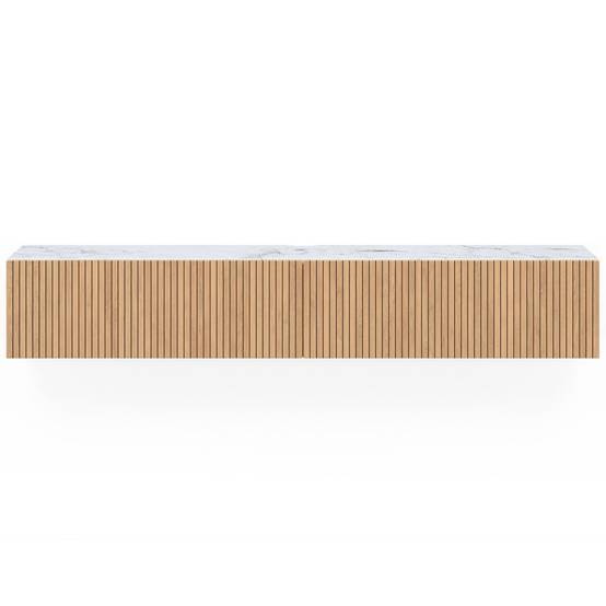 IDMARKET - Meuble TV 180 cm suspendu JULIETTE 2 portes plateau effet marbre lattes tasseau bois coloris chêne - Image 4