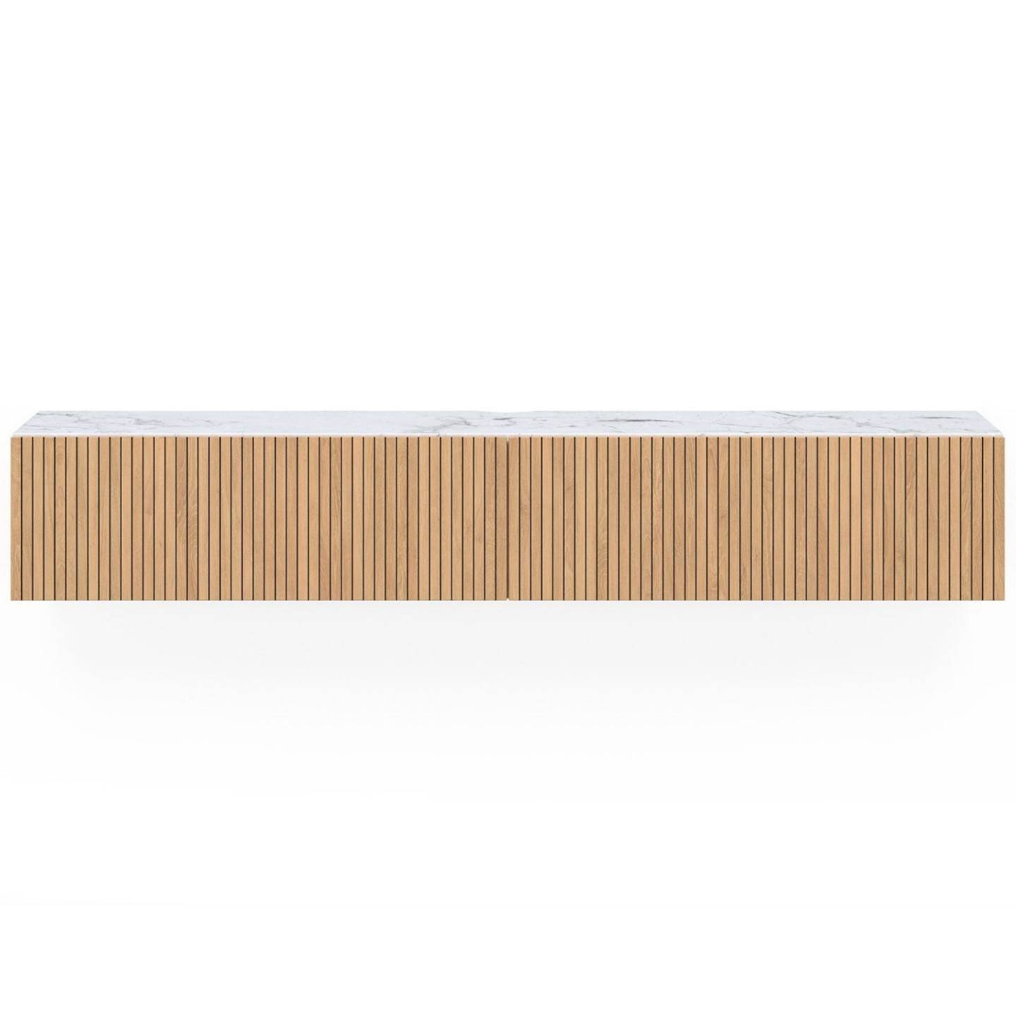 IDMARKET - Meuble TV 180 cm suspendu JULIETTE 2 portes plateau effet marbre lattes tasseau bois coloris chêne - Image 4
