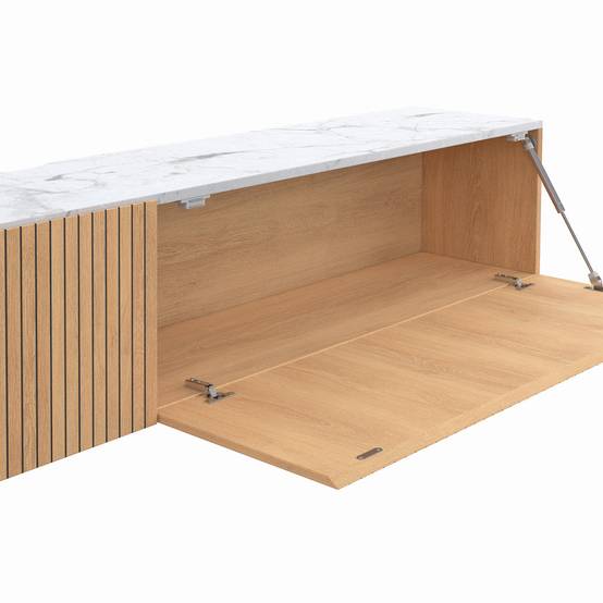 IDMARKET - Meuble TV 180 cm suspendu JULIETTE 2 portes plateau effet marbre lattes tasseau bois coloris chêne - Image 6