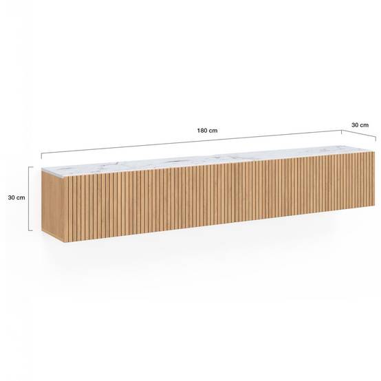 IDMARKET - Meuble TV 180 cm suspendu JULIETTE 2 portes plateau effet marbre lattes tasseau bois coloris chêne - Image 5