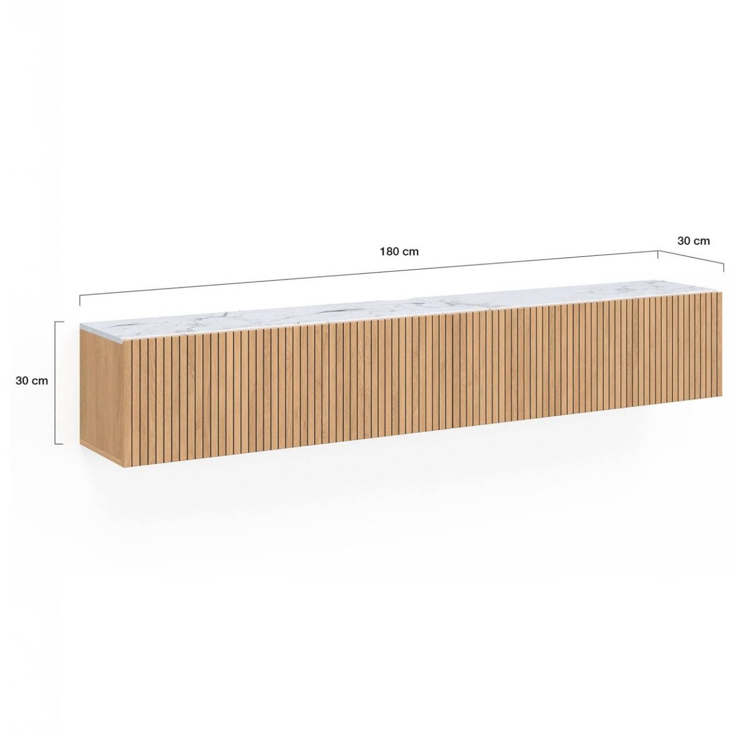IDMARKET - Meuble TV 180 cm suspendu JULIETTE 2 portes plateau effet marbre lattes tasseau bois coloris chêne - Image 5