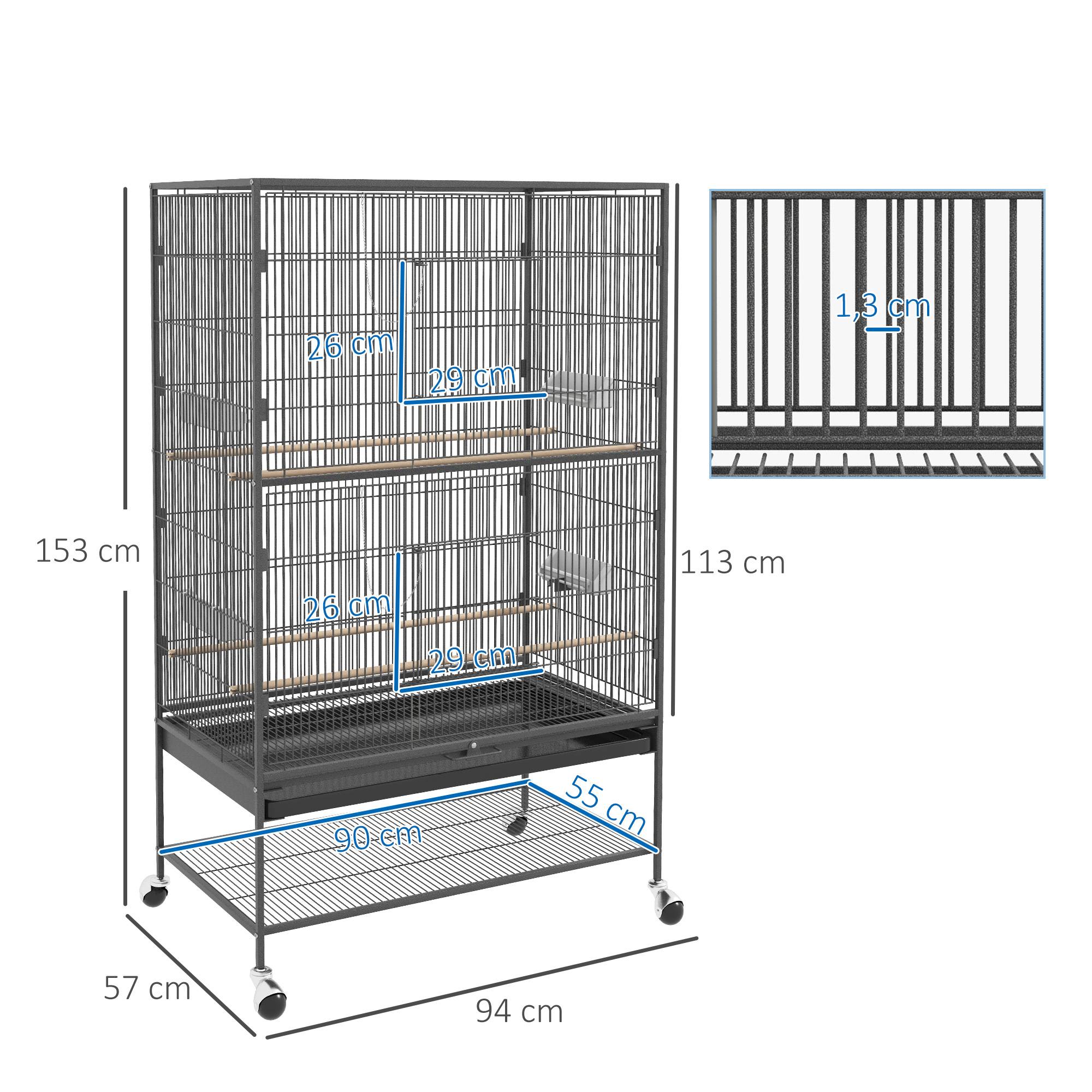 Volière Oiseaux Métal pour Canaris Perruches Sur Roulettes avec Mangeoires 94x57x153cm Gris - ComfortXL Pet Living - Image 3