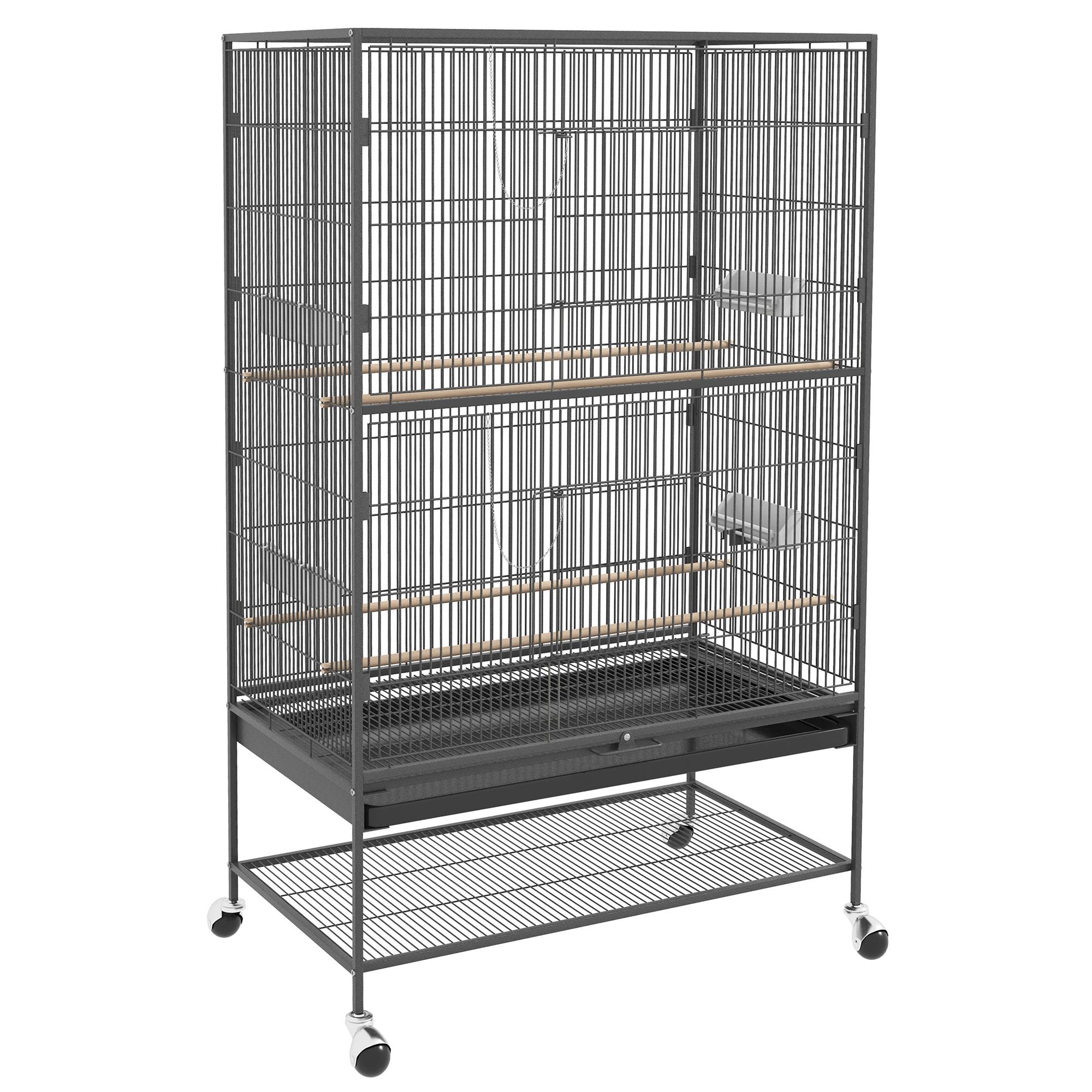 Volière Oiseaux Métal pour Canaris Perruches Sur Roulettes avec Mangeoires 94x57x153cm Gris - ComfortXL Pet Living - Image 2