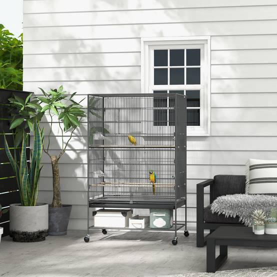 Volière Oiseaux Métal pour Canaris Perruches Sur Roulettes avec Mangeoires 94x57x153cm Gris - ComfortXL Pet Living - Image 1