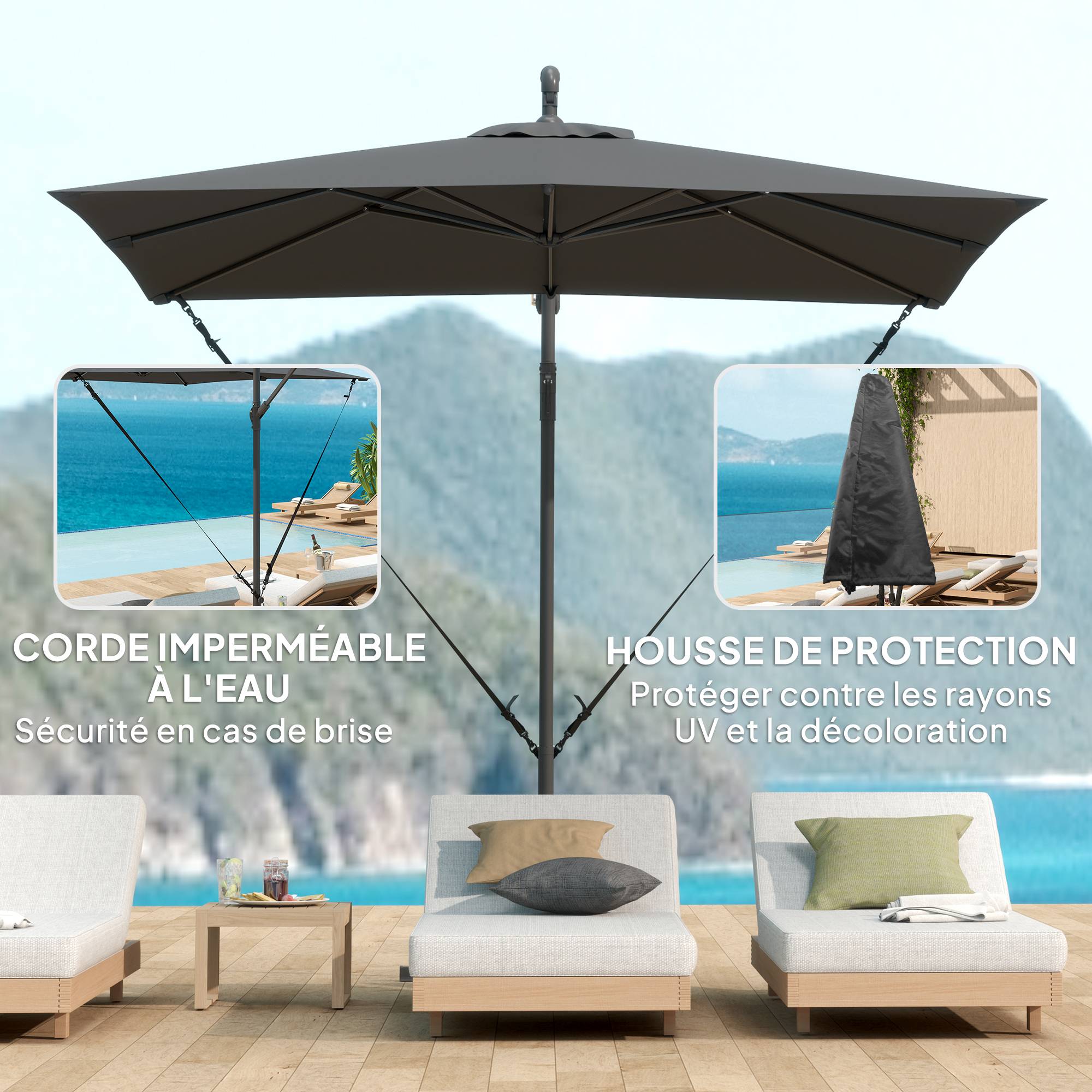 Parasol déporté parasol de jardin extérieur Toile ajustable 8 baleines base en croix manivelle, 2,5 x 2,5 m, gris foncé - Image 6