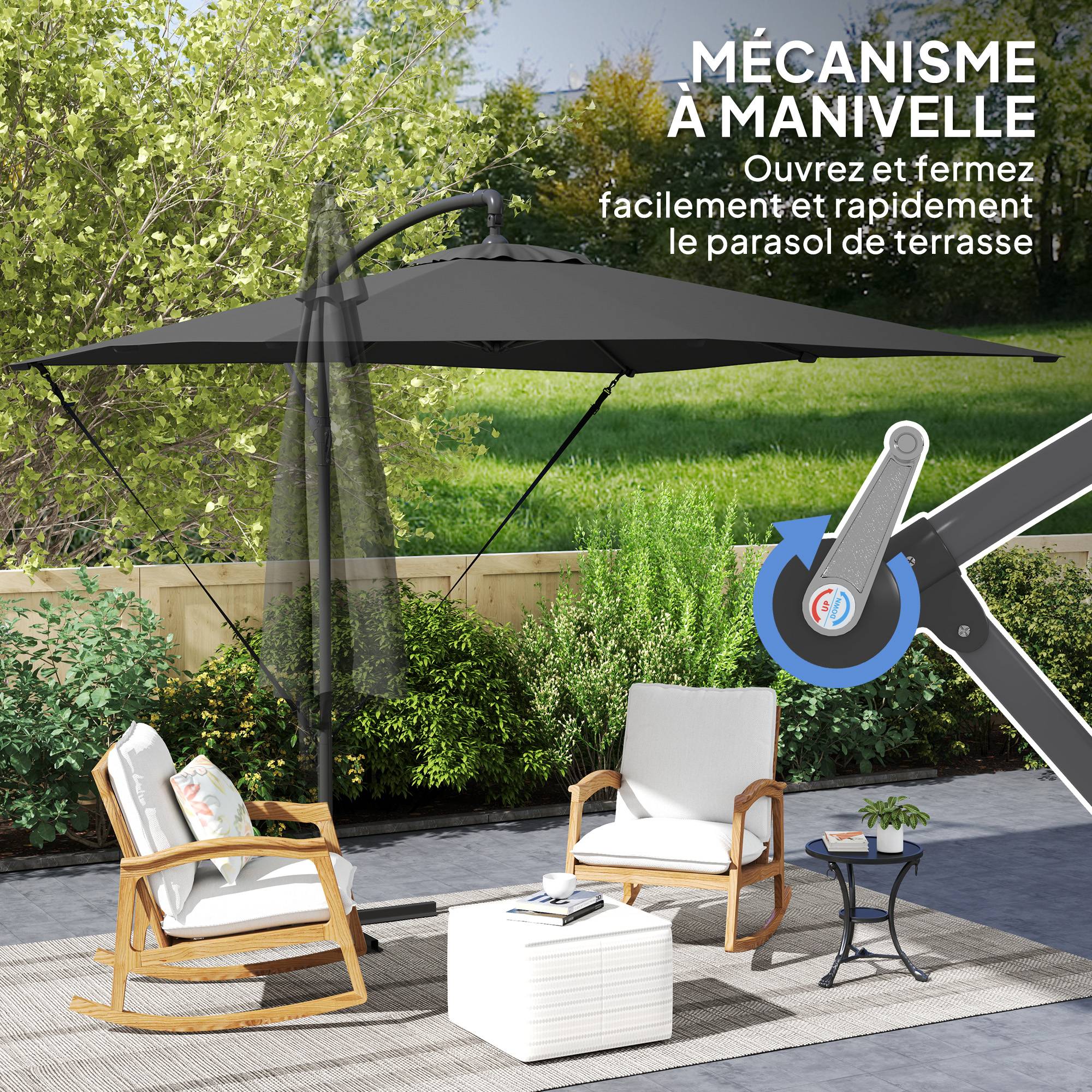 Parasol déporté parasol de jardin extérieur Toile ajustable 8 baleines base en croix manivelle, 2,5 x 2,5 m, gris foncé - Image 9