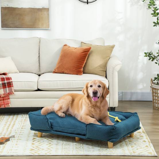 Sans Marque - Canapé pour chien, lit pour animaux, coussin amovible et lavable, naturel et bleu foncé - Image 3