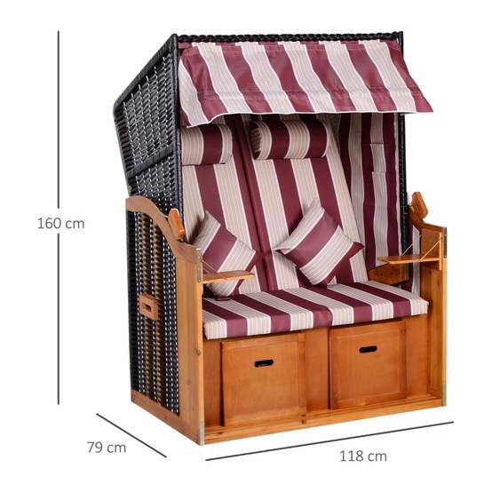 Cabine de plage 2 places bois résine tressée jardin dossier inclinable rouge blanc - ComfortXL Outdoor Living - Image 3