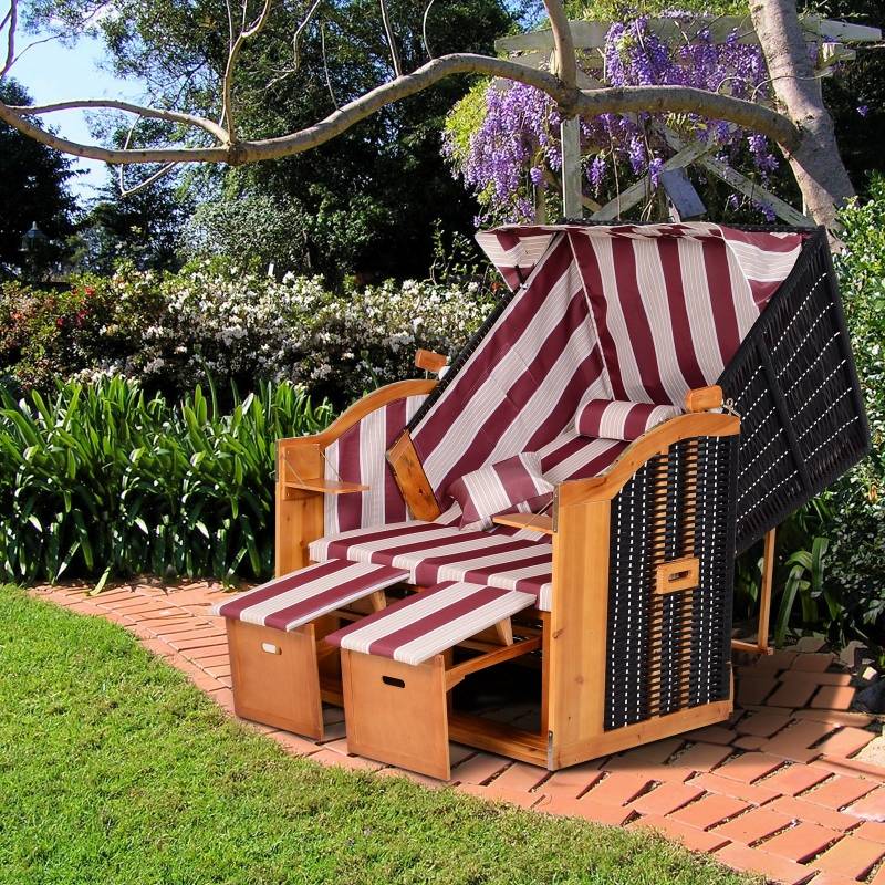 Cabine de plage 2 places bois résine tressée jardin dossier inclinable rouge blanc - ComfortXL Outdoor Living