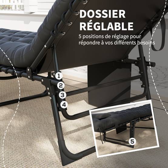 Bain de soleil chaise longue pliante avec coussin appuie-tête - 189x58x32.5cm Polyester Noir fr18 - Image 6