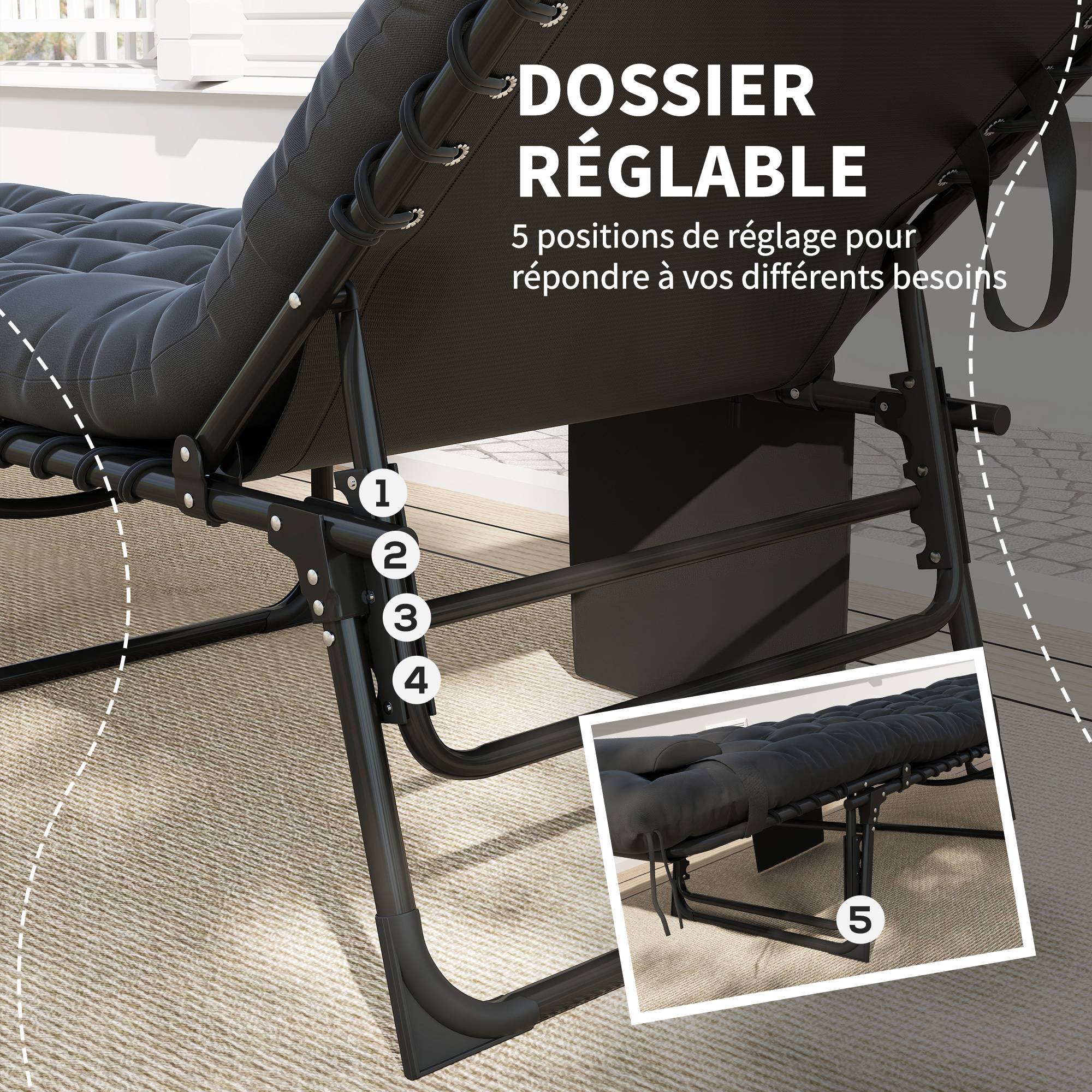 Bain de soleil chaise longue pliante avec coussin appuie-tête - 189x58x32.5cm Polyester Noir fr18 - Image 6