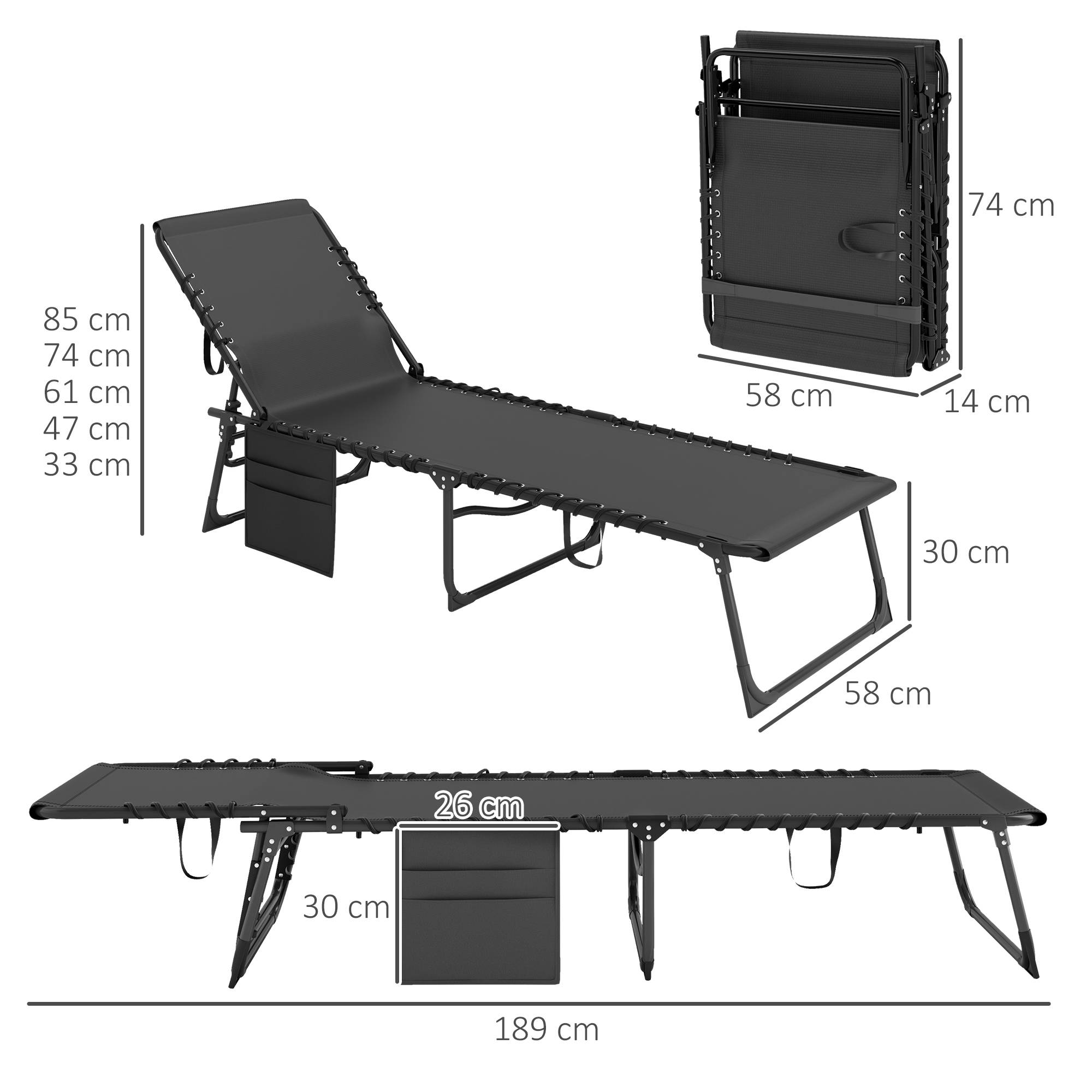Bain de soleil chaise longue pliante avec coussin appuie-tête - 189x58x32.5cm Polyester Noir fr18 - Image 5