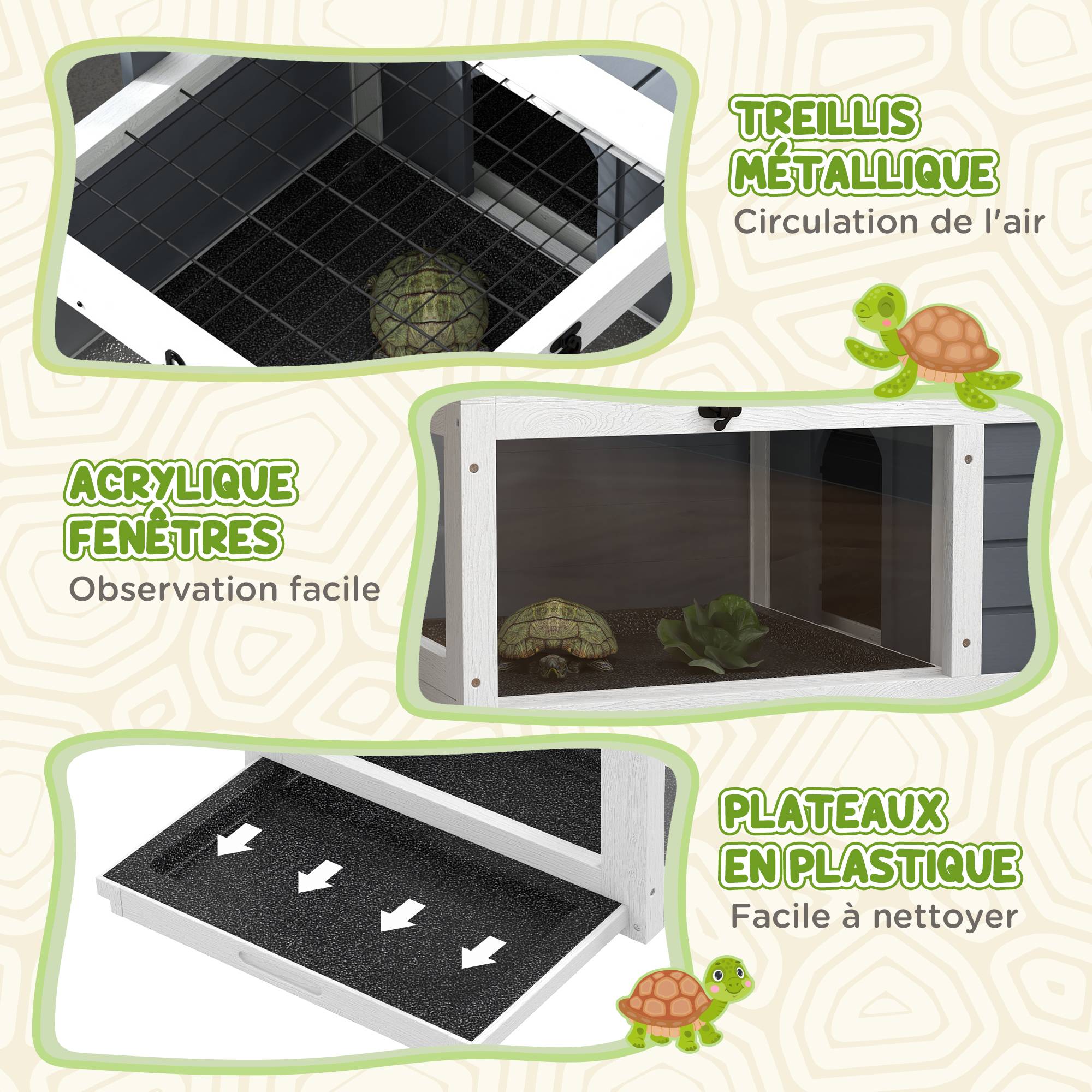 Maison enclos cage pour petit animal tortue avec 2 espaces support de lampe 81 x 48 x 31,5 cm gris - Image 9