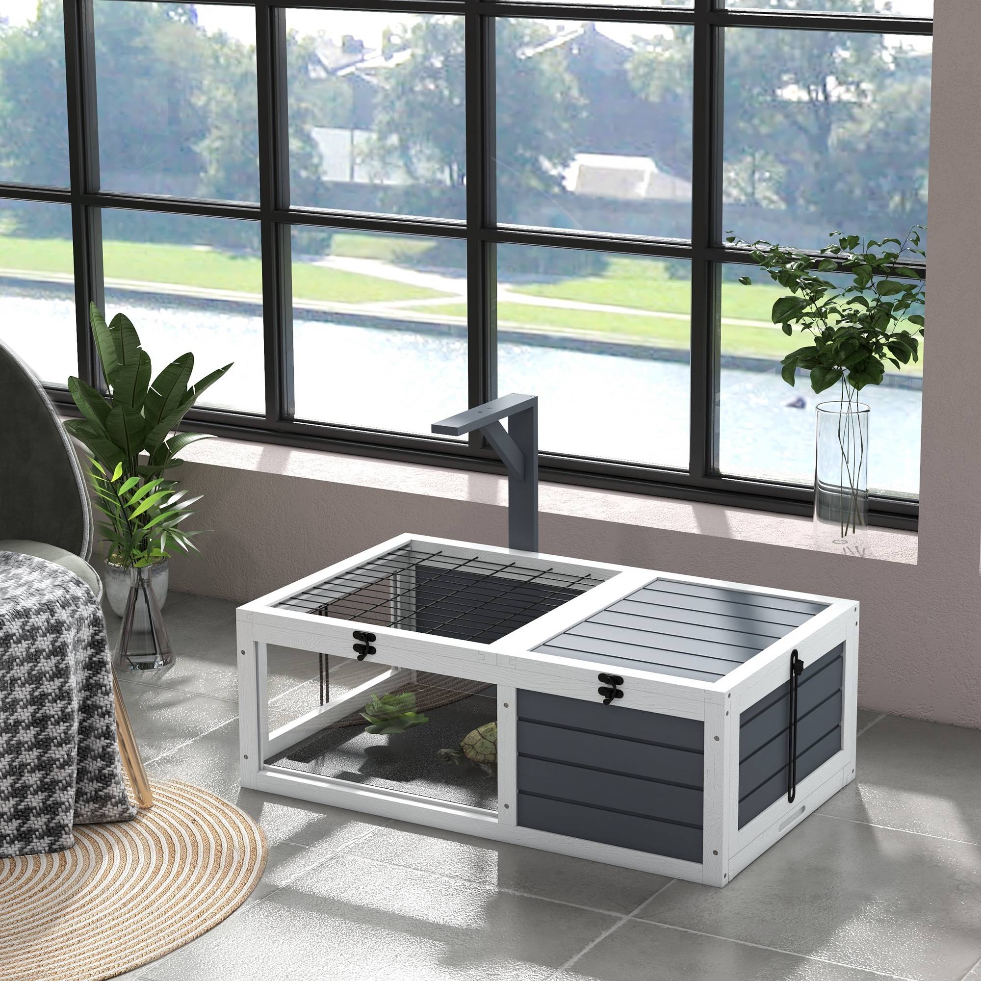 Maison enclos cage pour petit animal tortue avec 2 espaces support de lampe 81 x 48 x 31,5 cm gris - Image 4