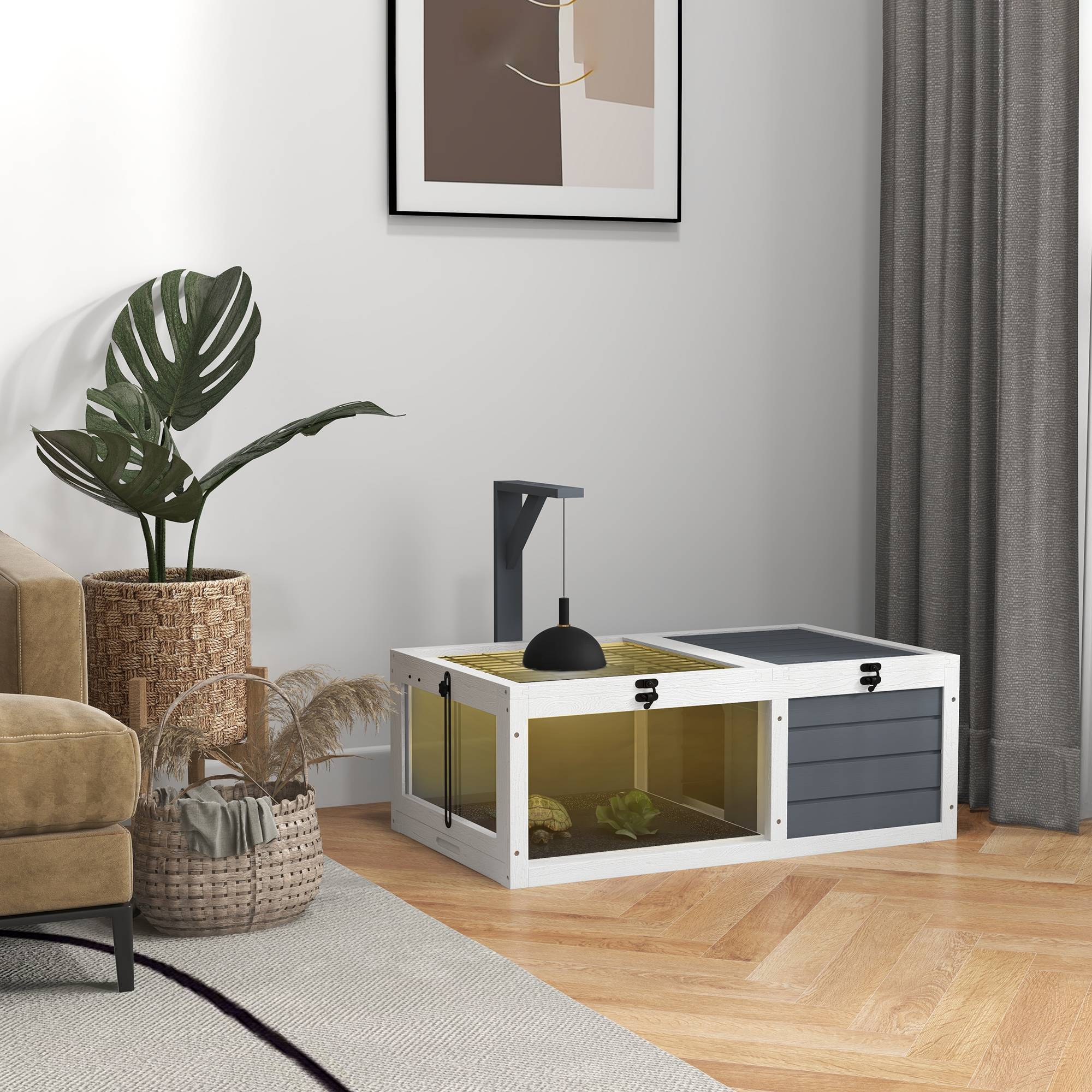 Maison enclos cage pour petit animal tortue avec 2 espaces support de lampe 81 x 48 x 31,5 cm gris - Image 3