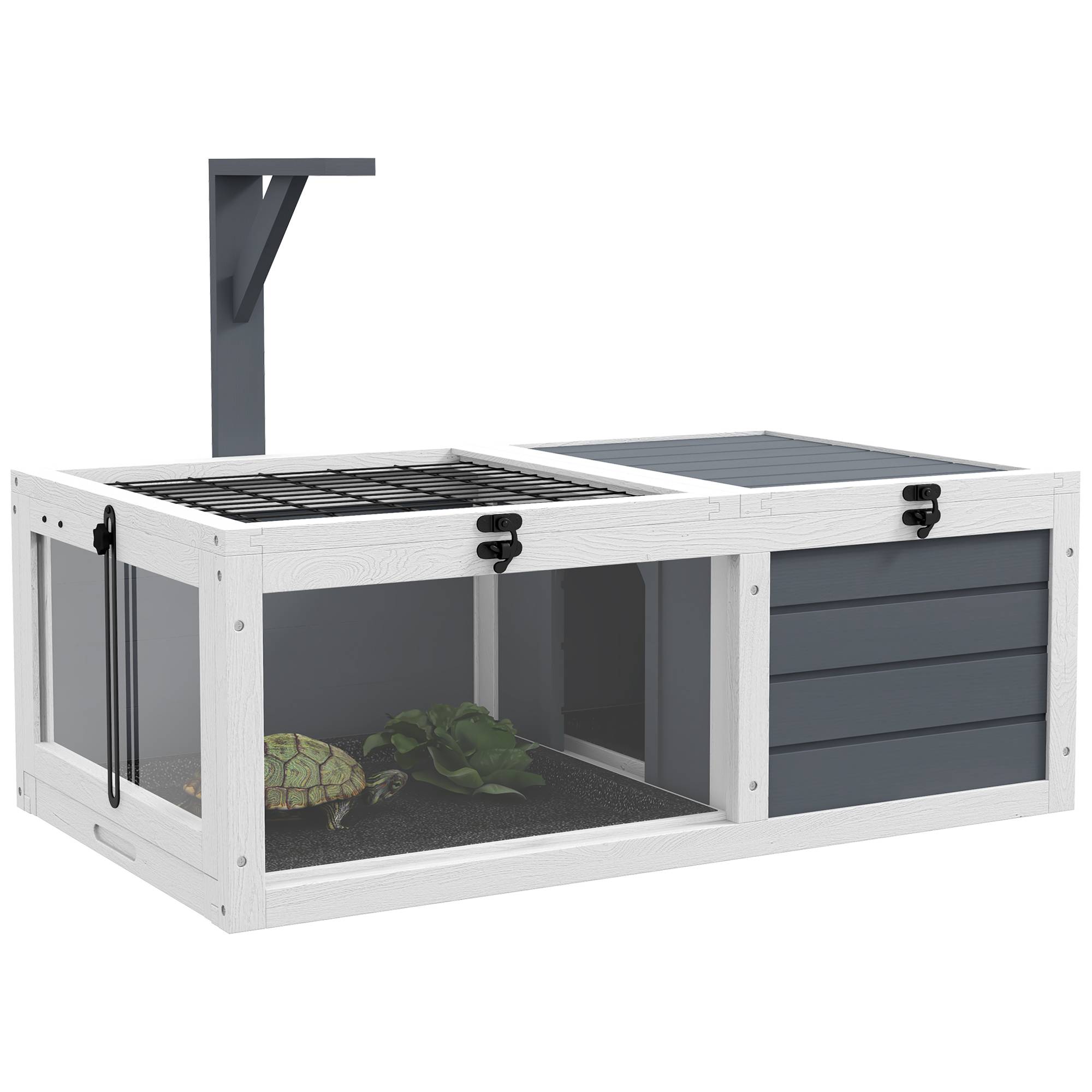 Maison enclos cage pour petit animal tortue avec 2 espaces support de lampe 81 x 48 x 31,5 cm gris - Image 1