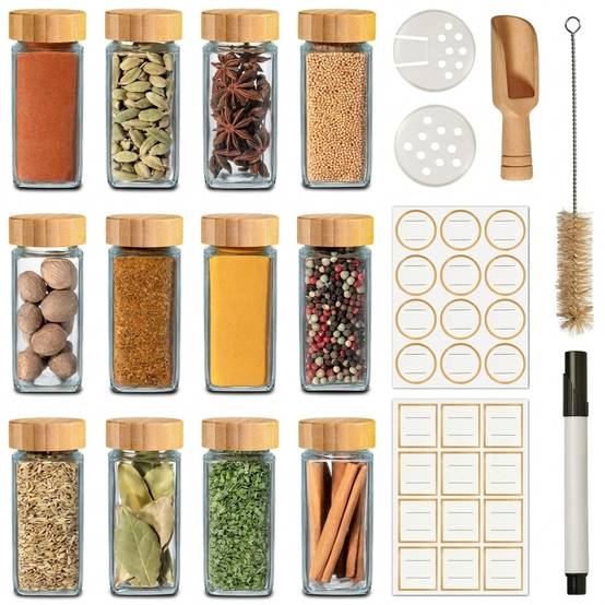 12 pots à épices 120 ml en verre, couvercles, étiquettes, pinceau et cuillère inclus - Image 1