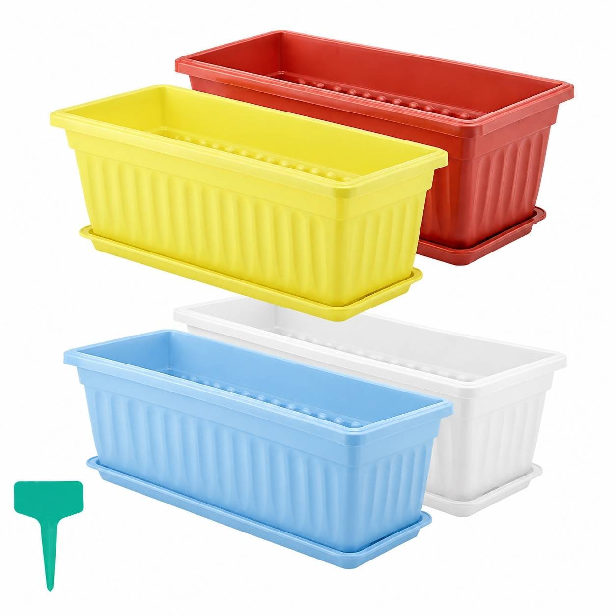 Lot de 4 Jardinières Rectangulaires avec Soucoupe et Étiquettes - Image 1