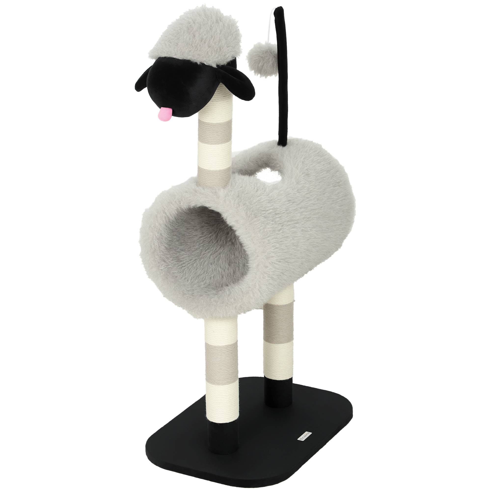 Arbre à chat design mouton, poteau à griffer, tunnel et jouet, 98cm, gris clair - Image 2