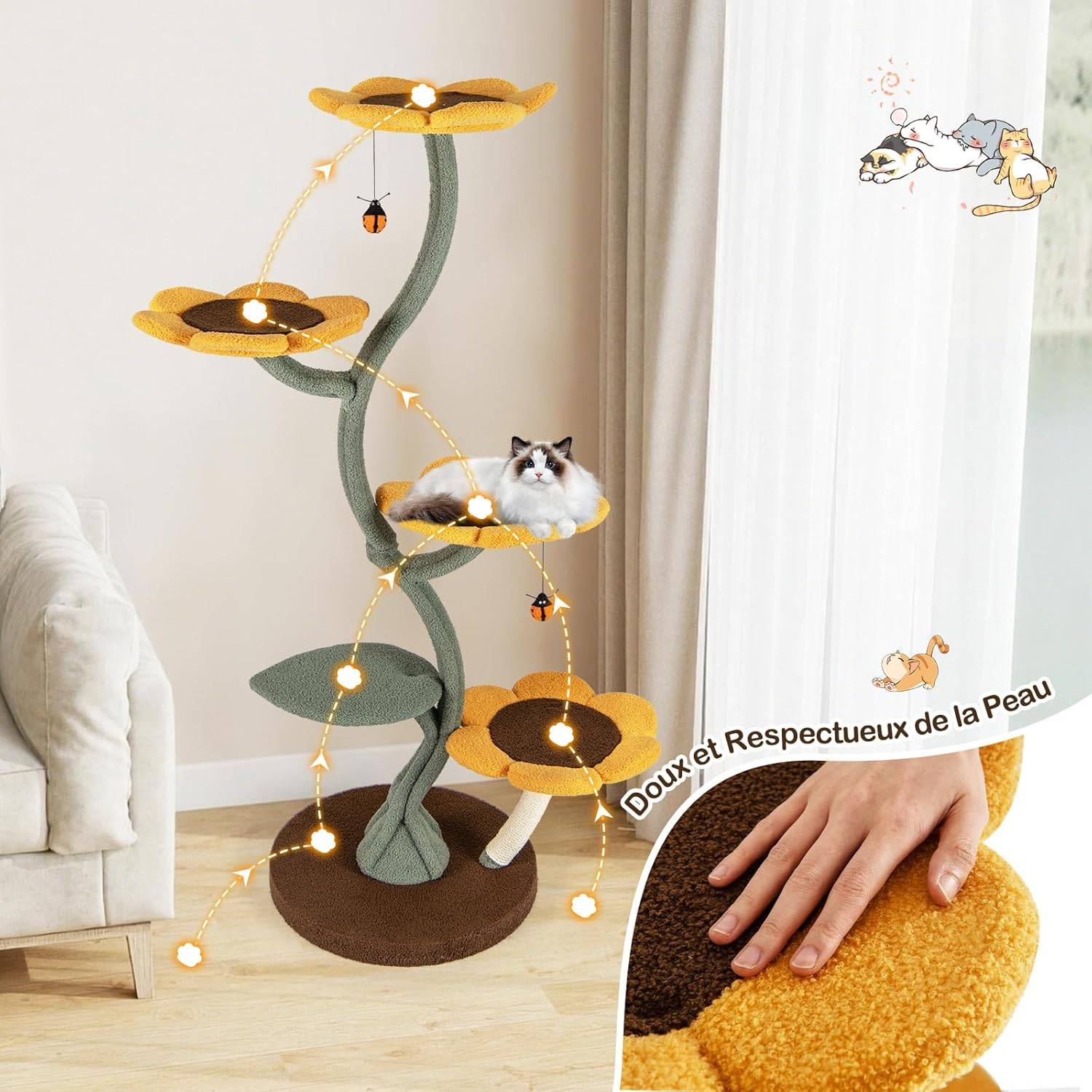 RELAXE Tour à Chat Multi-étages, Arbre à Chat Style Tournesol avec 4 Plateformes en Forme de Fleur, Poteaux à Griffer, Base Large, Plateforme Rembourr - Image 5