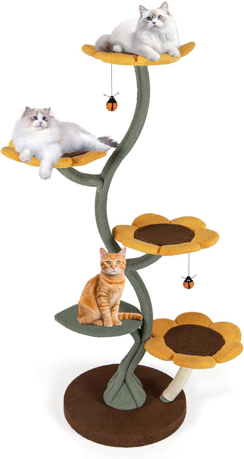 RELAXE Tour à Chat Multi-étages, Arbre à Chat Style Tournesol avec 4 Plateformes en Forme de Fleur, Poteaux à Griffer, Base Large, Plateforme Rembourr