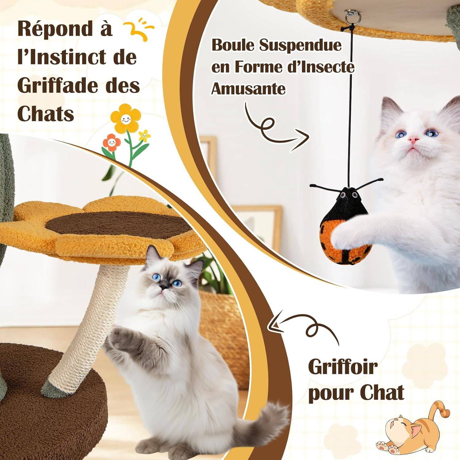RELAXE Tour à Chat Multi-étages, Arbre à Chat Style Tournesol avec 4 Plateformes en Forme de Fleur, Poteaux à Griffer, Base Large, Plateforme Rembourr - Image 2