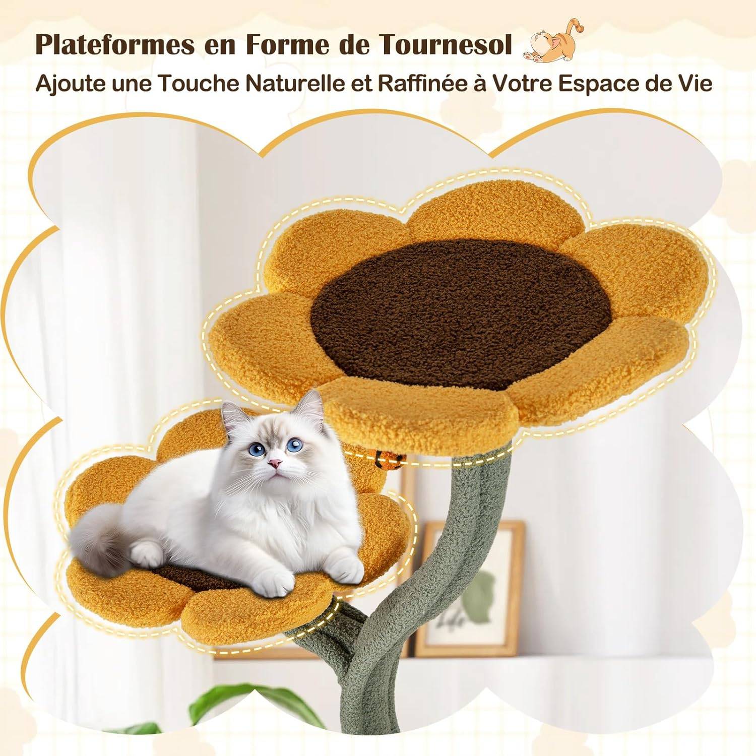 RELAXE Tour à Chat Multi-étages, Arbre à Chat Style Tournesol avec 4 Plateformes en Forme de Fleur, Poteaux à Griffer, Base Large, Plateforme Rembourr - Image 3