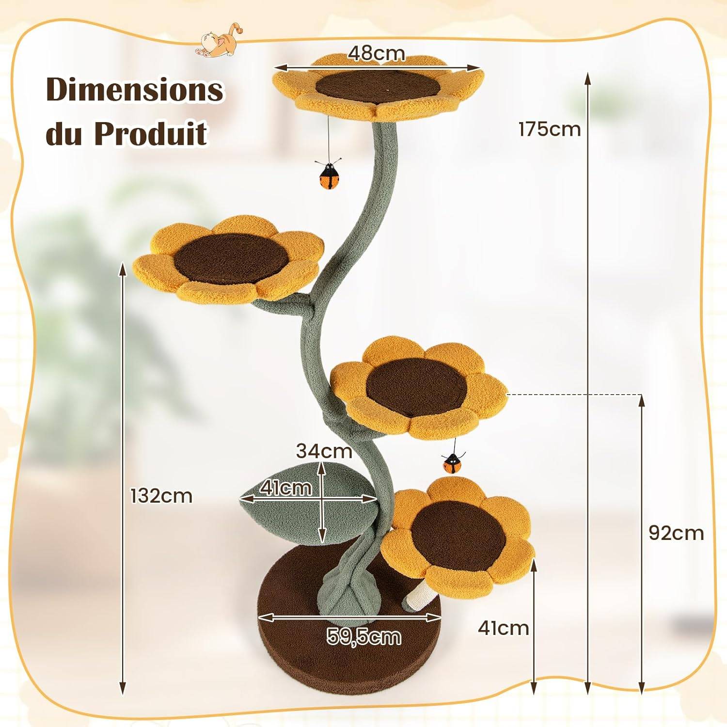 RELAXE Tour à Chat Multi-étages, Arbre à Chat Style Tournesol avec 4 Plateformes en Forme de Fleur, Poteaux à Griffer, Base Large, Plateforme Rembourr - Image 4