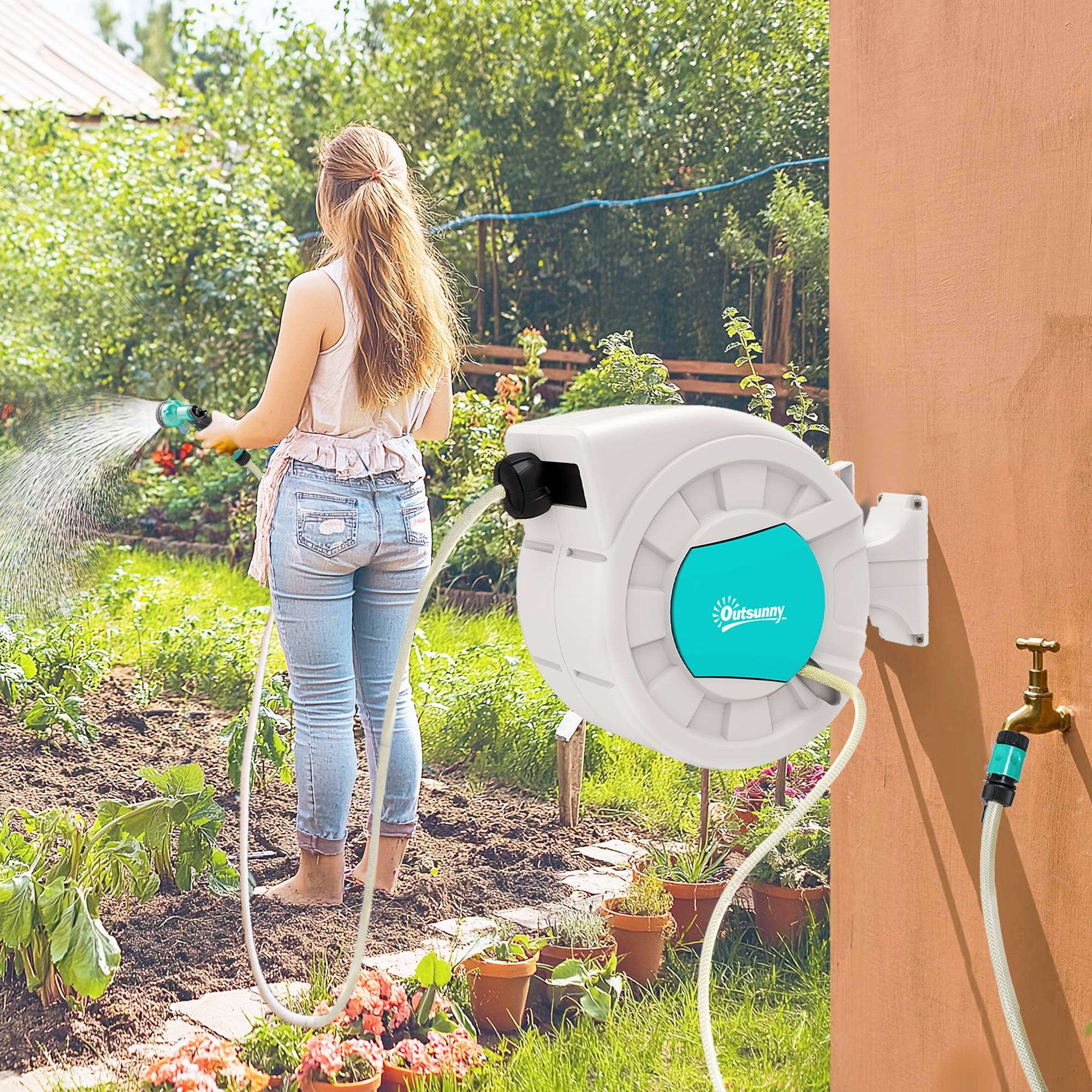 ComfortXL - Enrouleur tuyau d’arrosage mural PP 25+2 m gris clair jardin rebobinage auto 180° - ComfortXL Outdoor Living - Image 2