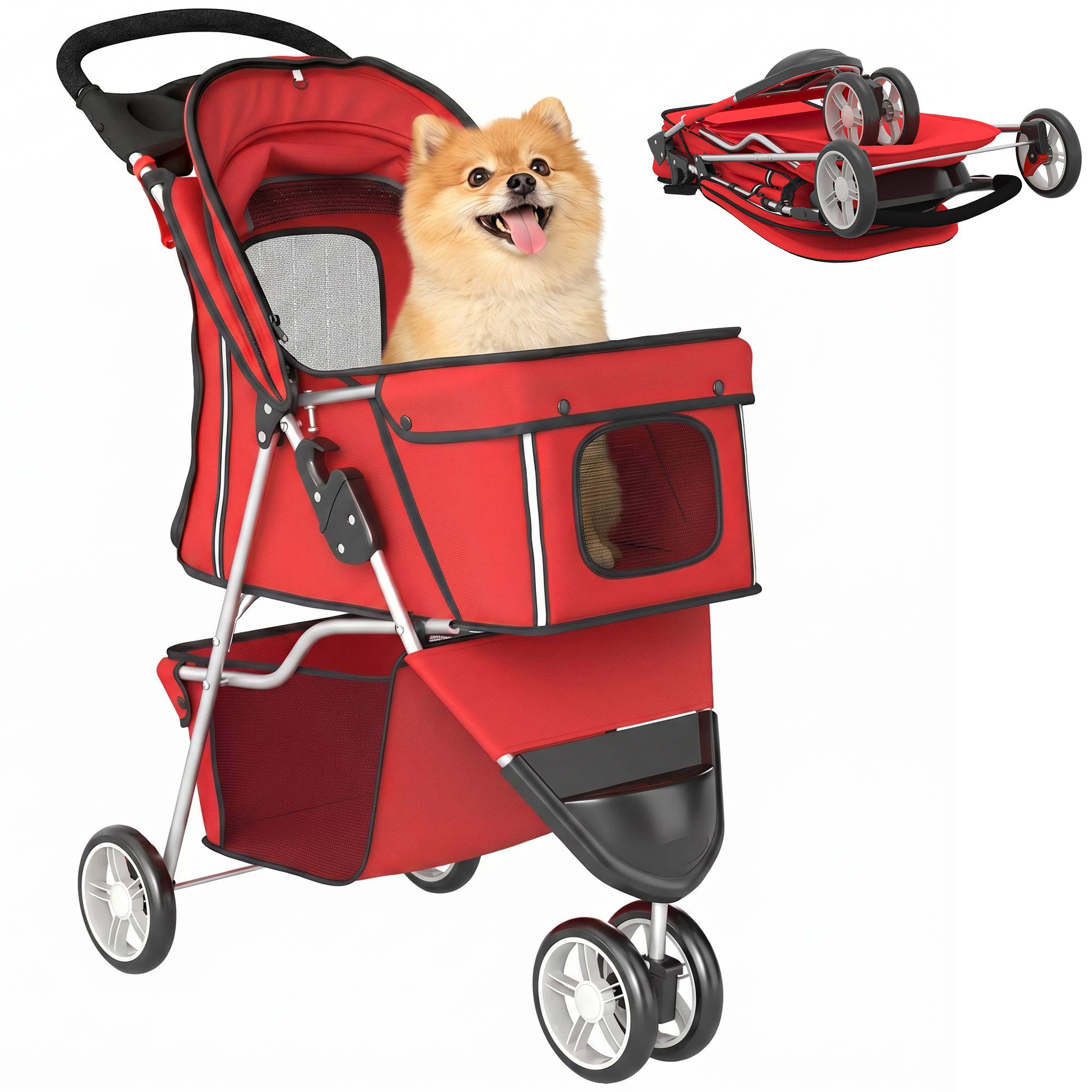 Poussette pour Chien 4 Roues, Chariot Pliable avec Auvent Réglable, Panier de Rangement, 77x44x102cm, Rouge