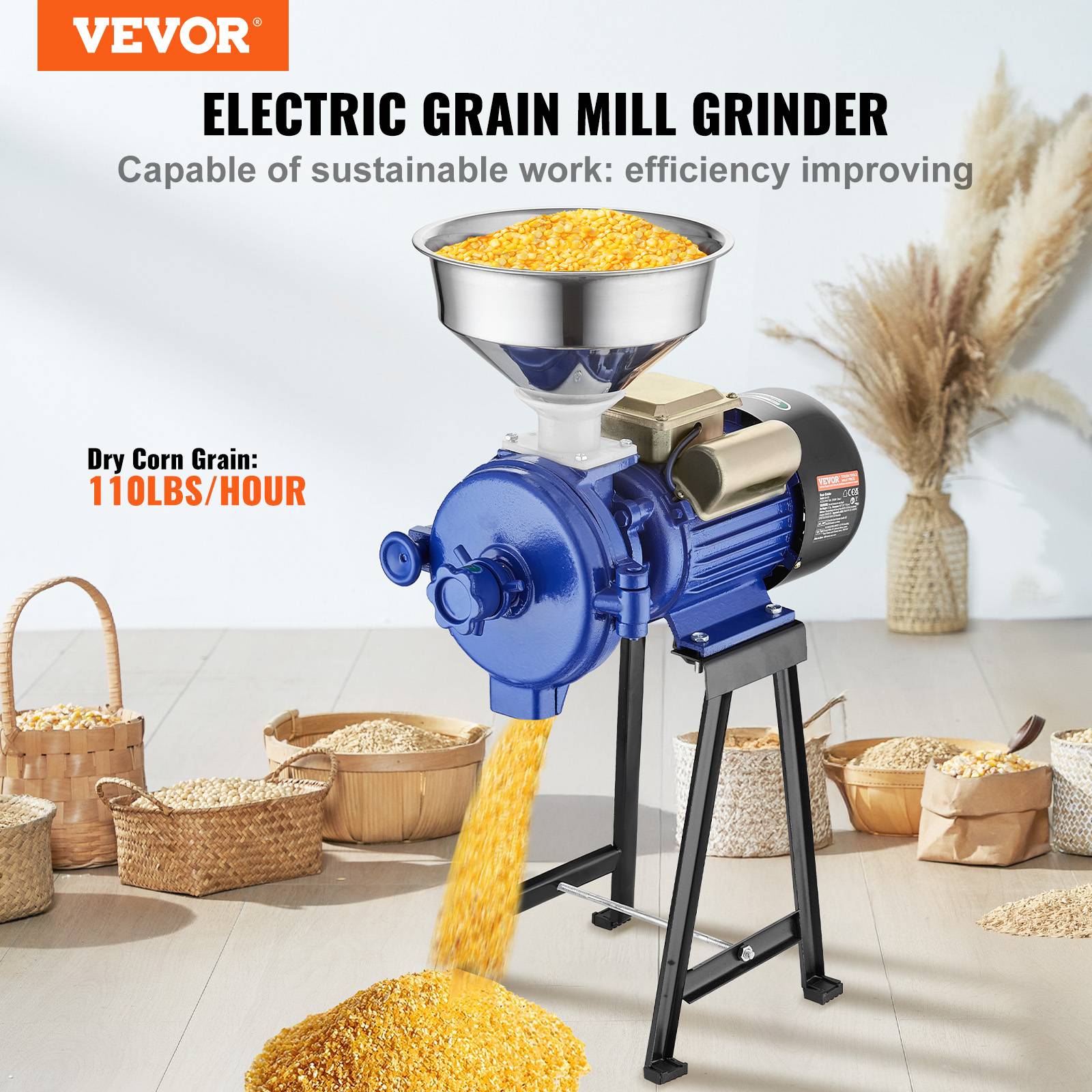 VEVOR Moulin à grains électrique 3000W, broyeur épices commercial, réglable épaisseur, entonnoir. - Image 2