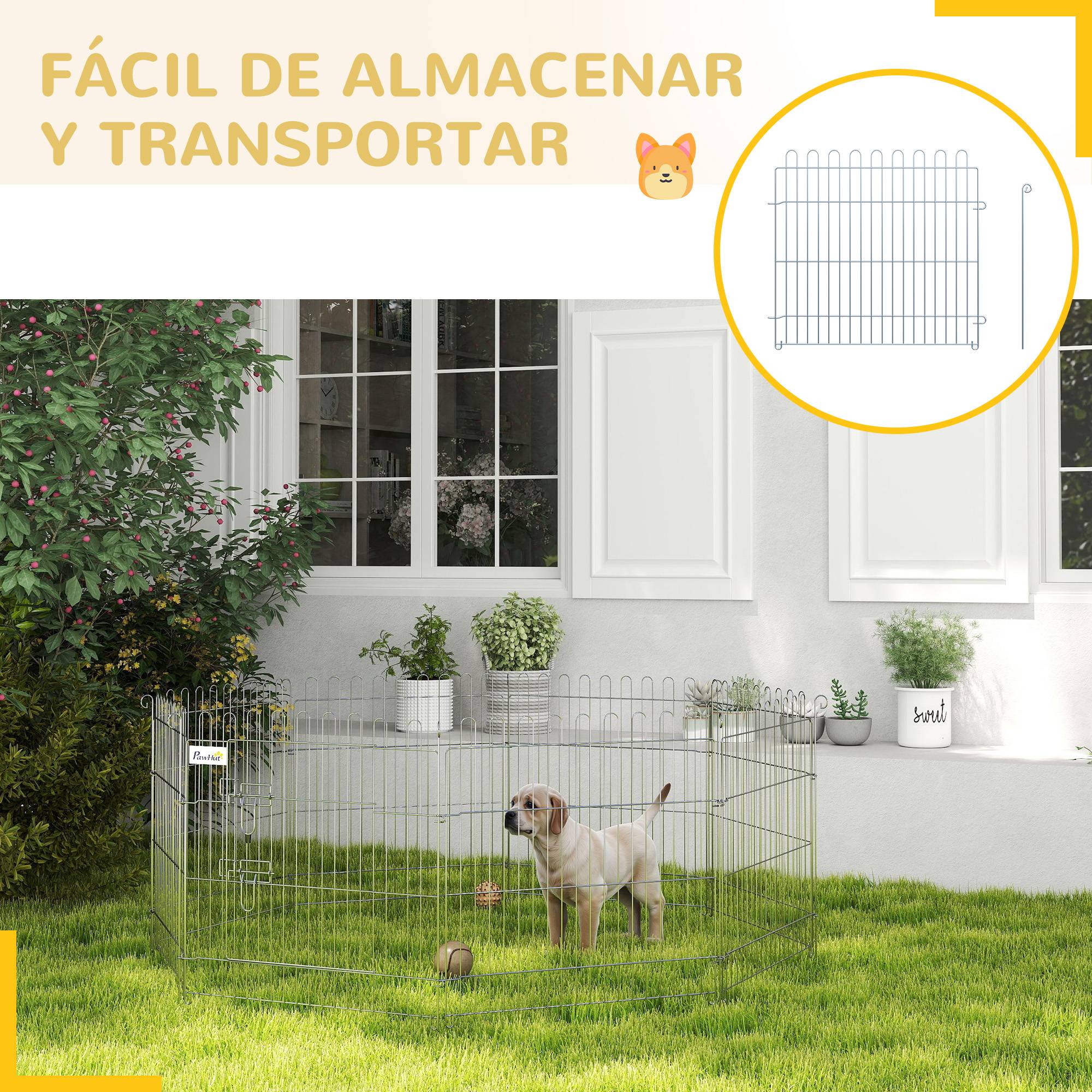 Clôture pliante pour chien en 8 parties, 63 x 60 cm, avec 1 portillon et cadre en acier, couleur argent, idéale pour jardin et terrasse. - Image 7