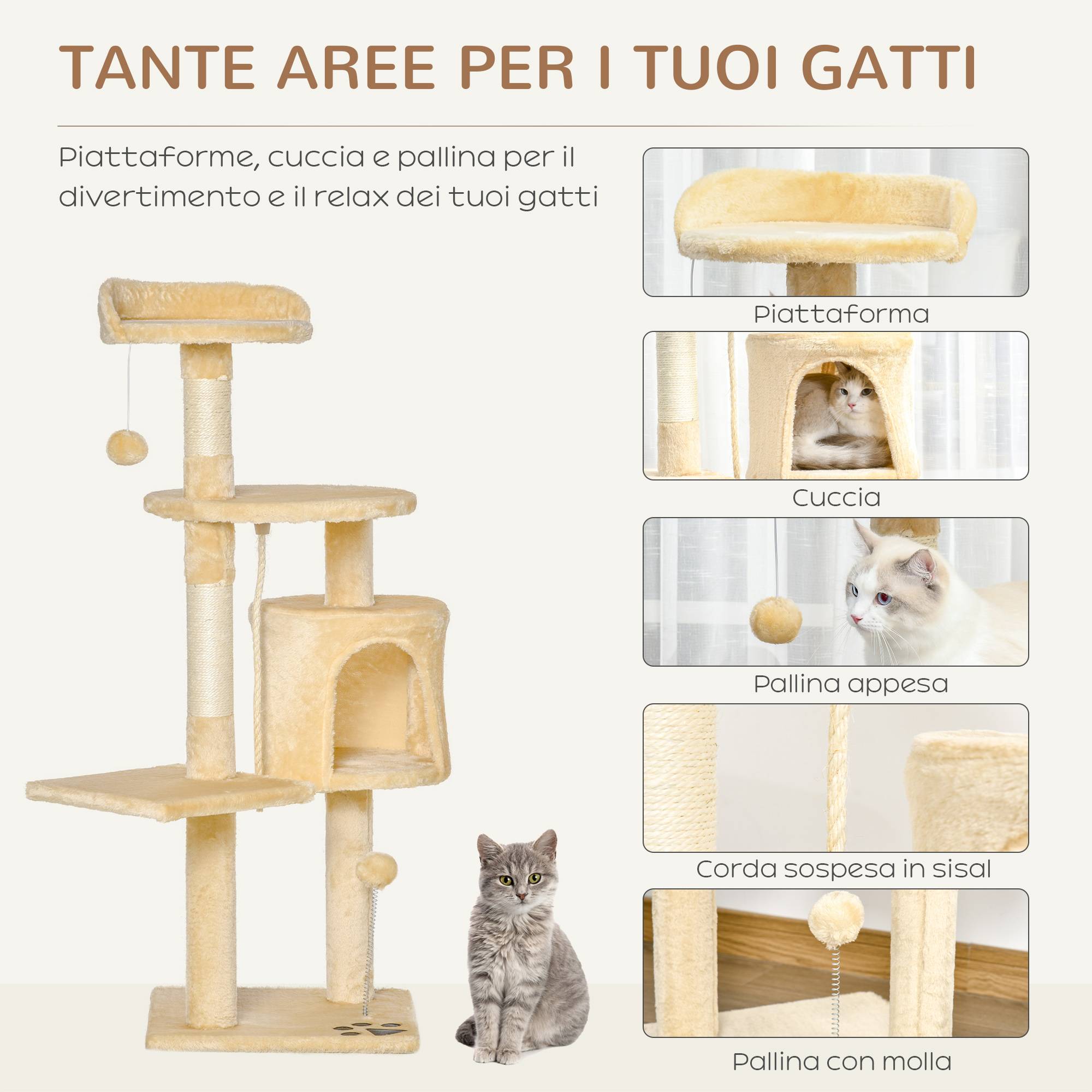 Arbre à chat bois 4 niveaux, niche, jouets, balle et corde, hauteur 114cm - Image 7