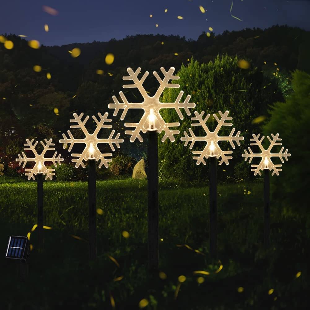 Lot de 5 lumières solaires flocon de neige de noël, lumières solaires sur piquet, décoration de noël, lumières de paysage de noël - Image 1