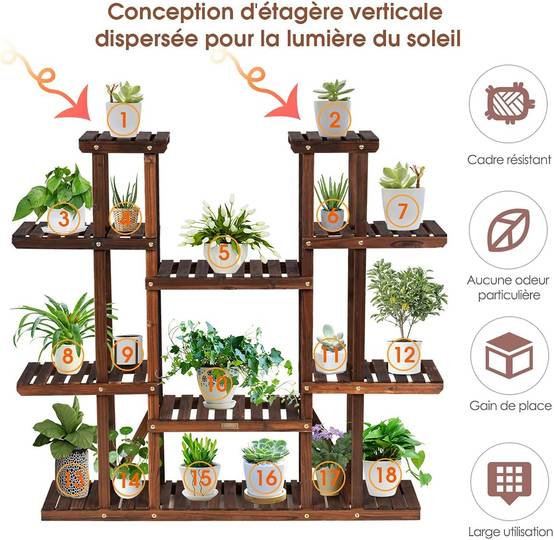 Costway - Étagère pour plantes en bois 9 tablettes pour 18 pots 125 x 25 x 114 cm charge 10kg - Image 6