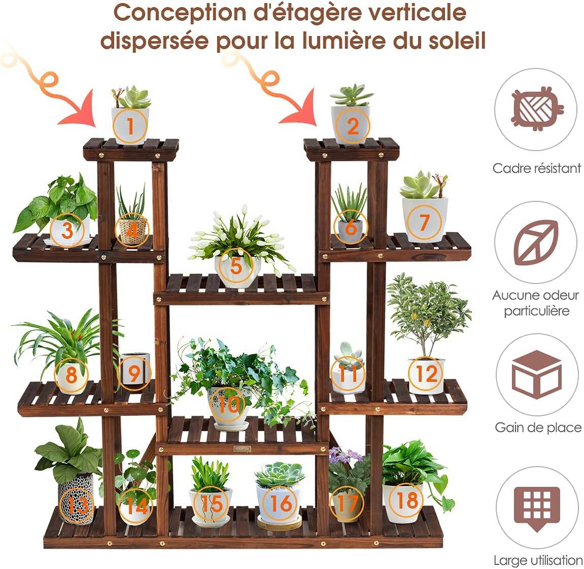 Costway - Étagère pour plantes en bois 9 tablettes pour 18 pots 125 x 25 x 114 cm charge 10kg - Image 6