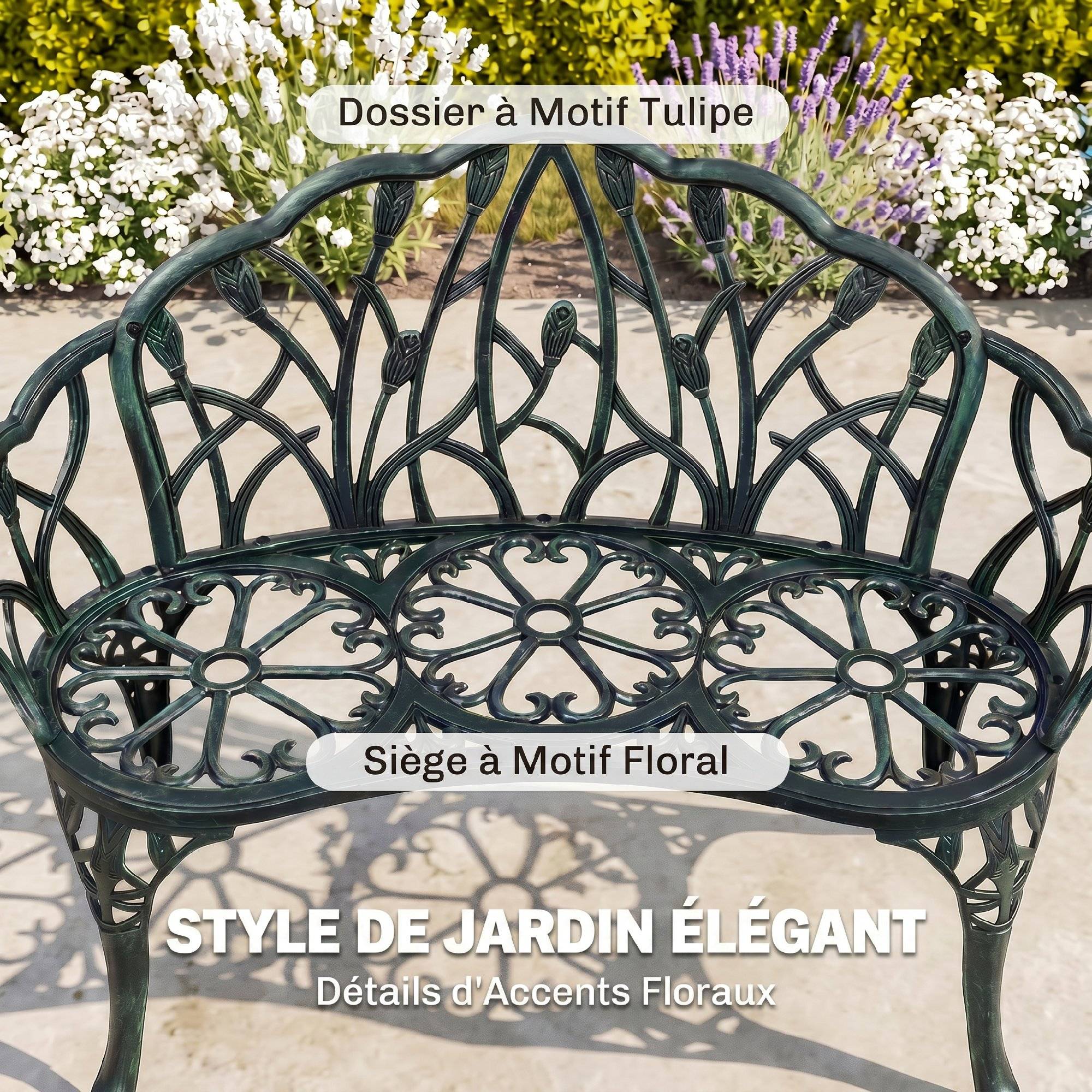 Banc de jardin en aluminium moulé, banc extérieur 2 places avec dossier tulipe, assise florale, 99x57x78cm, vert antique - Image 6