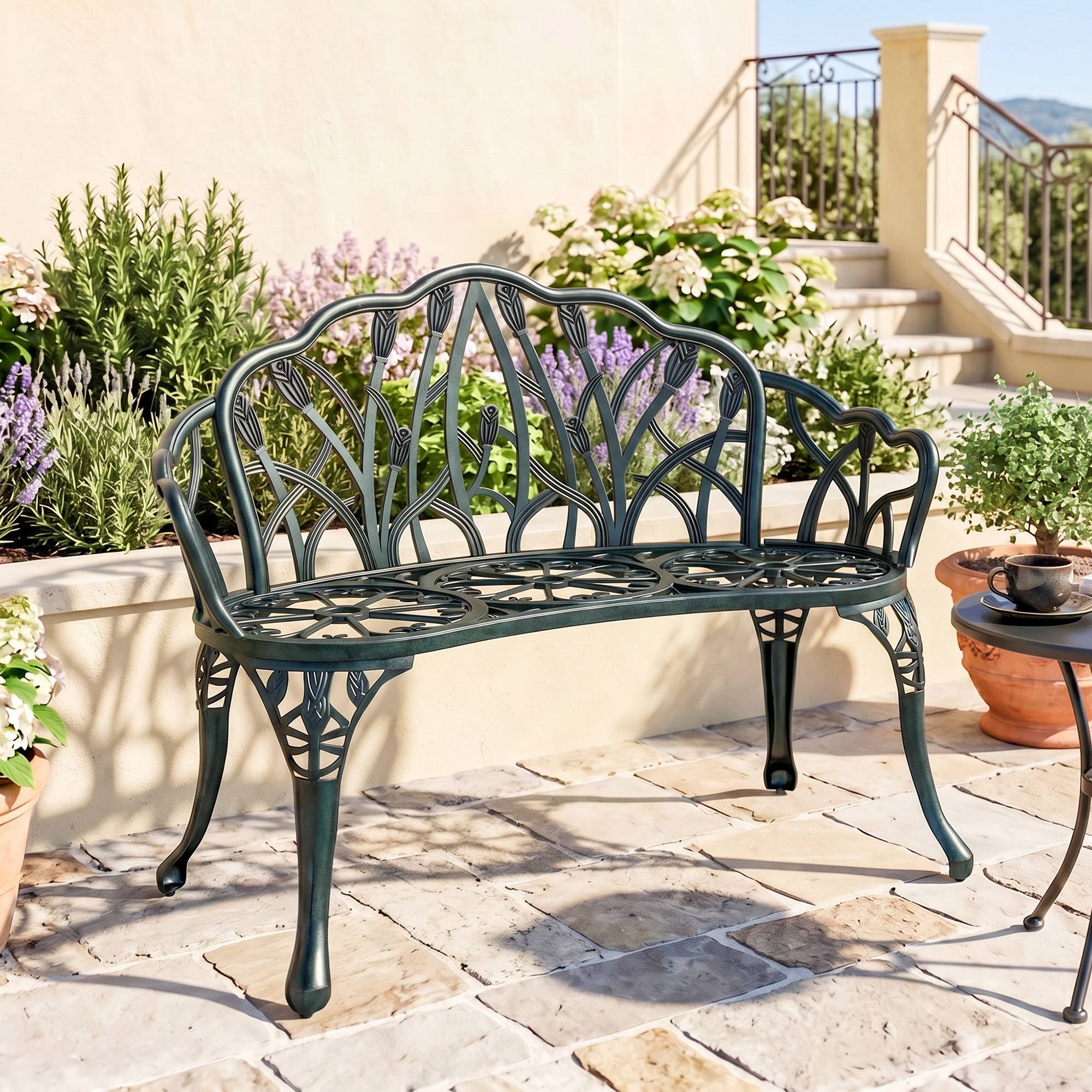 Banc de jardin en aluminium moulé, banc extérieur 2 places avec dossier tulipe, assise florale, 99x57x78cm, vert antique - Image 4