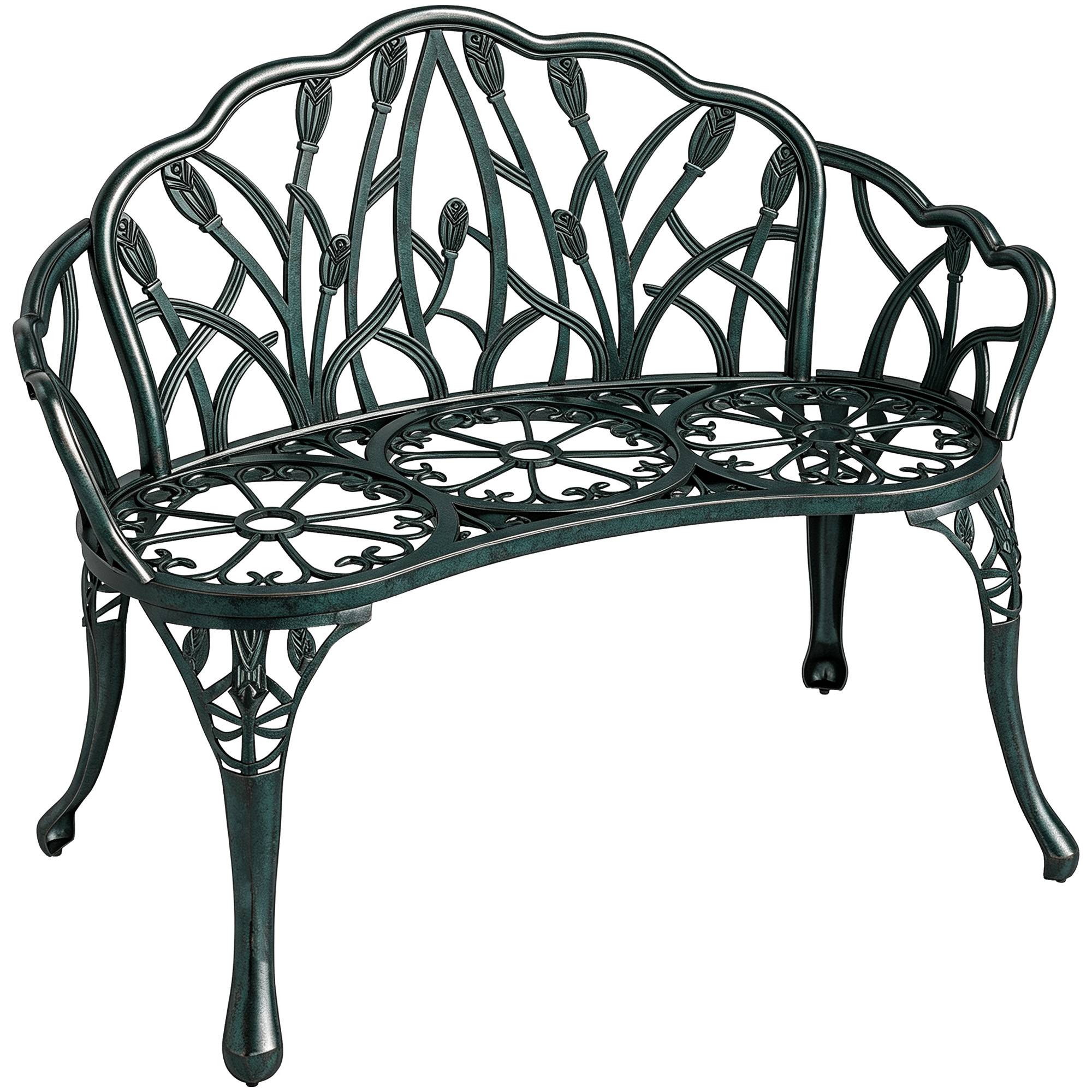 Banc de jardin en aluminium moulé, banc extérieur 2 places avec dossier tulipe, assise florale, 99x57x78cm, vert antique - Image 1