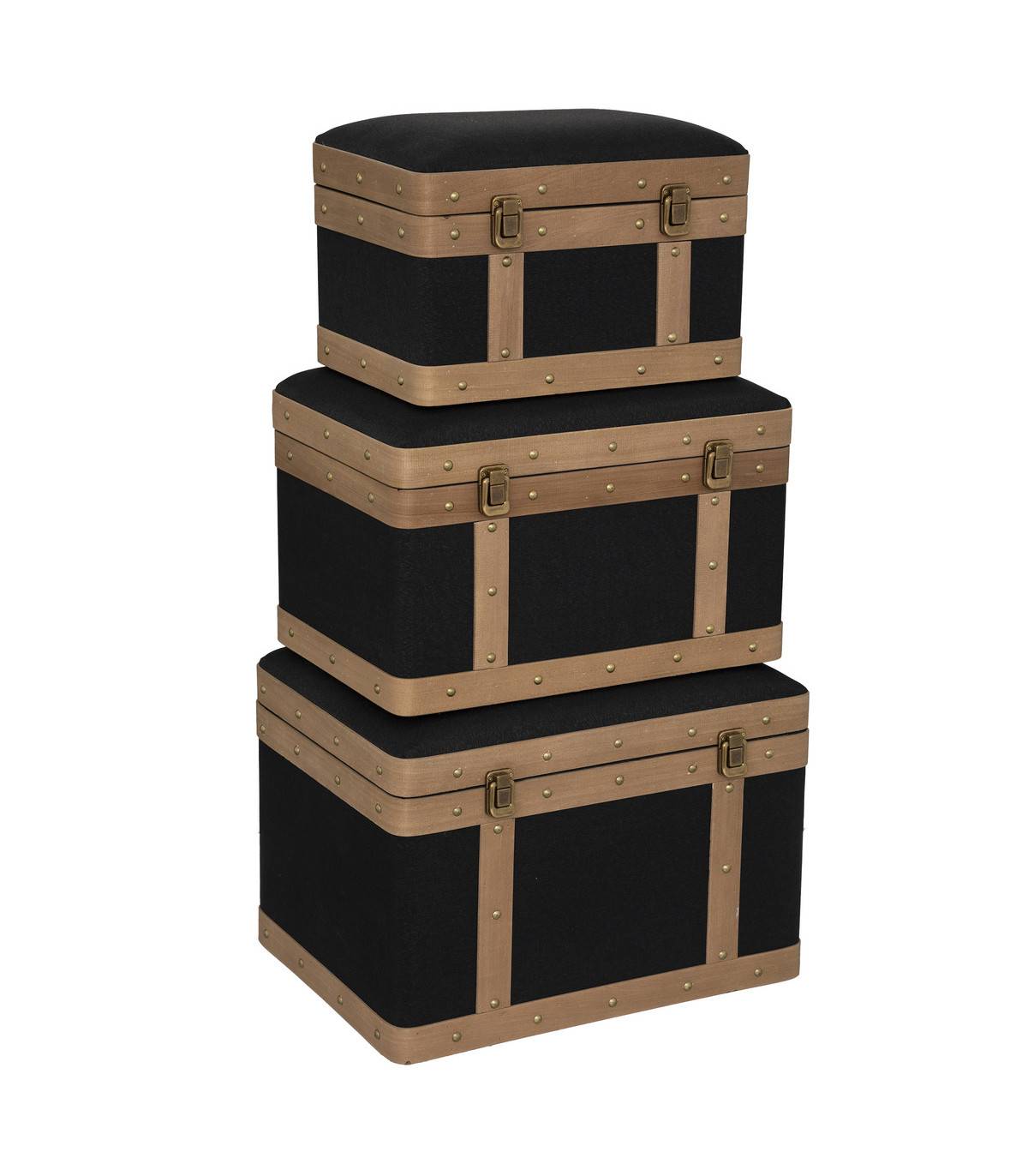 Set de 3 Malles de rangement déco en Bois et Lin noir - Image 1