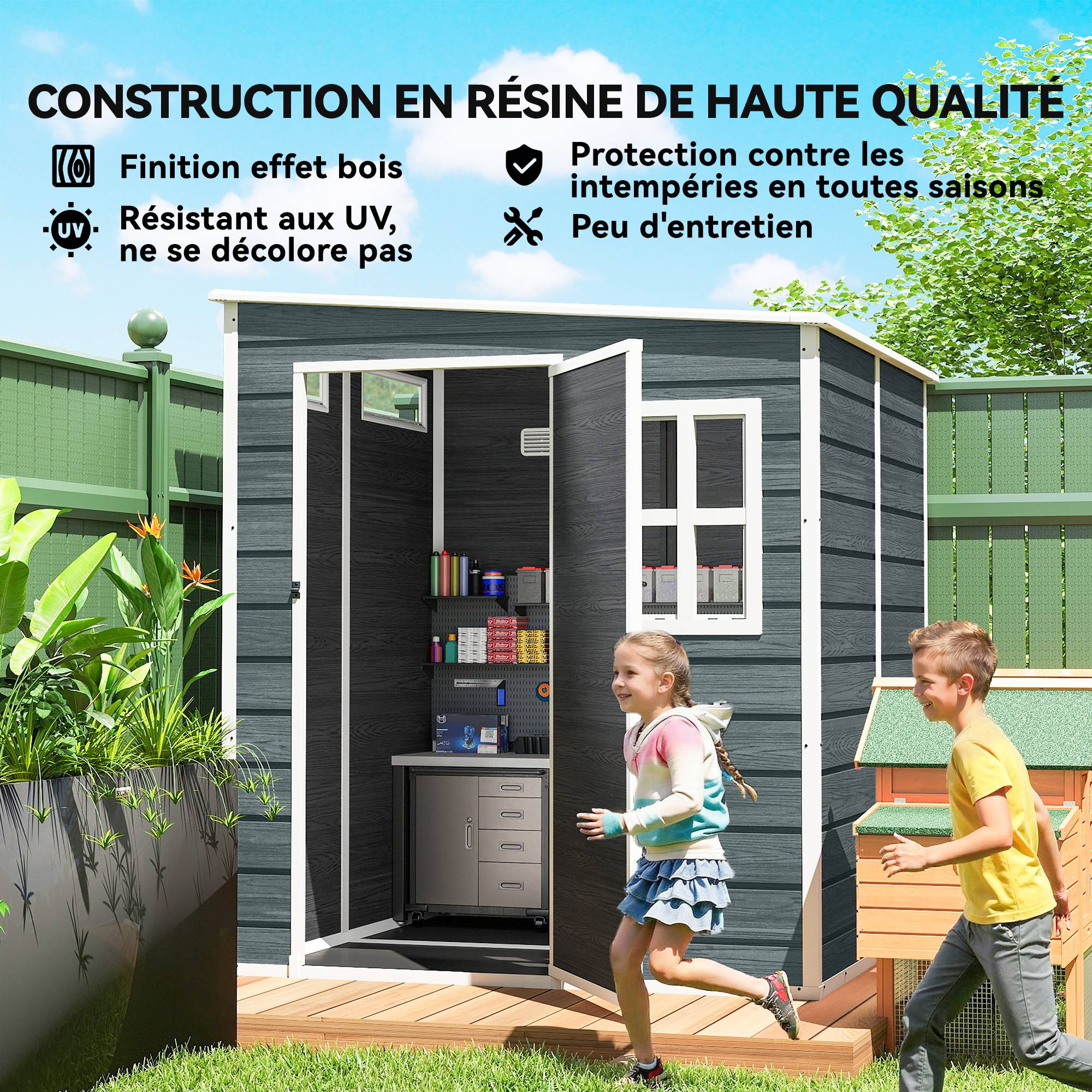 Abri de Jardin en Résine avec Plancher Structure Aluminium 3 Fenêtres 2 Aérations 182 x 182 x 183 cm - Image 9