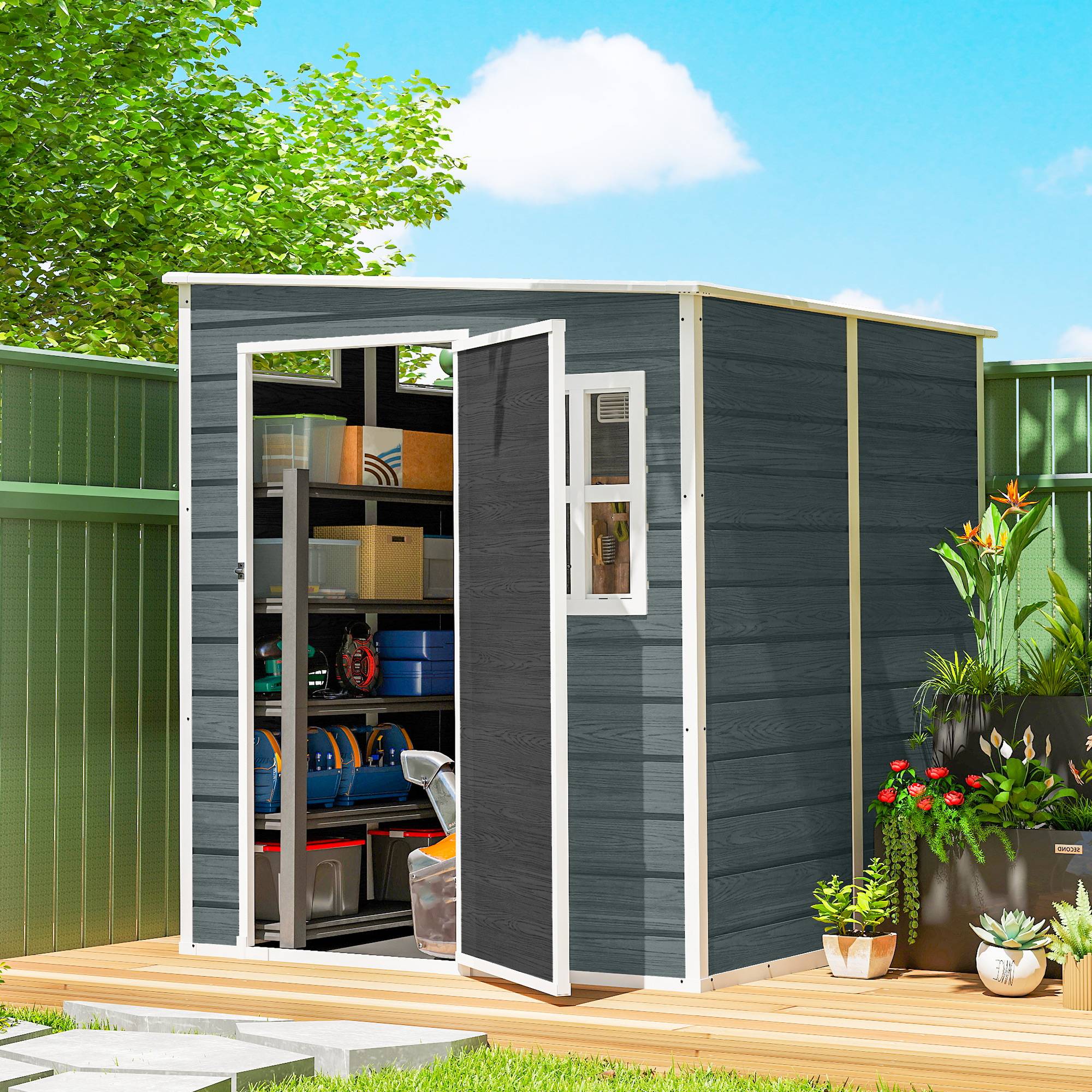 Abri de Jardin en Résine avec Plancher Structure Aluminium 3 Fenêtres 2 Aérations 182 x 182 x 183 cm - Image 4