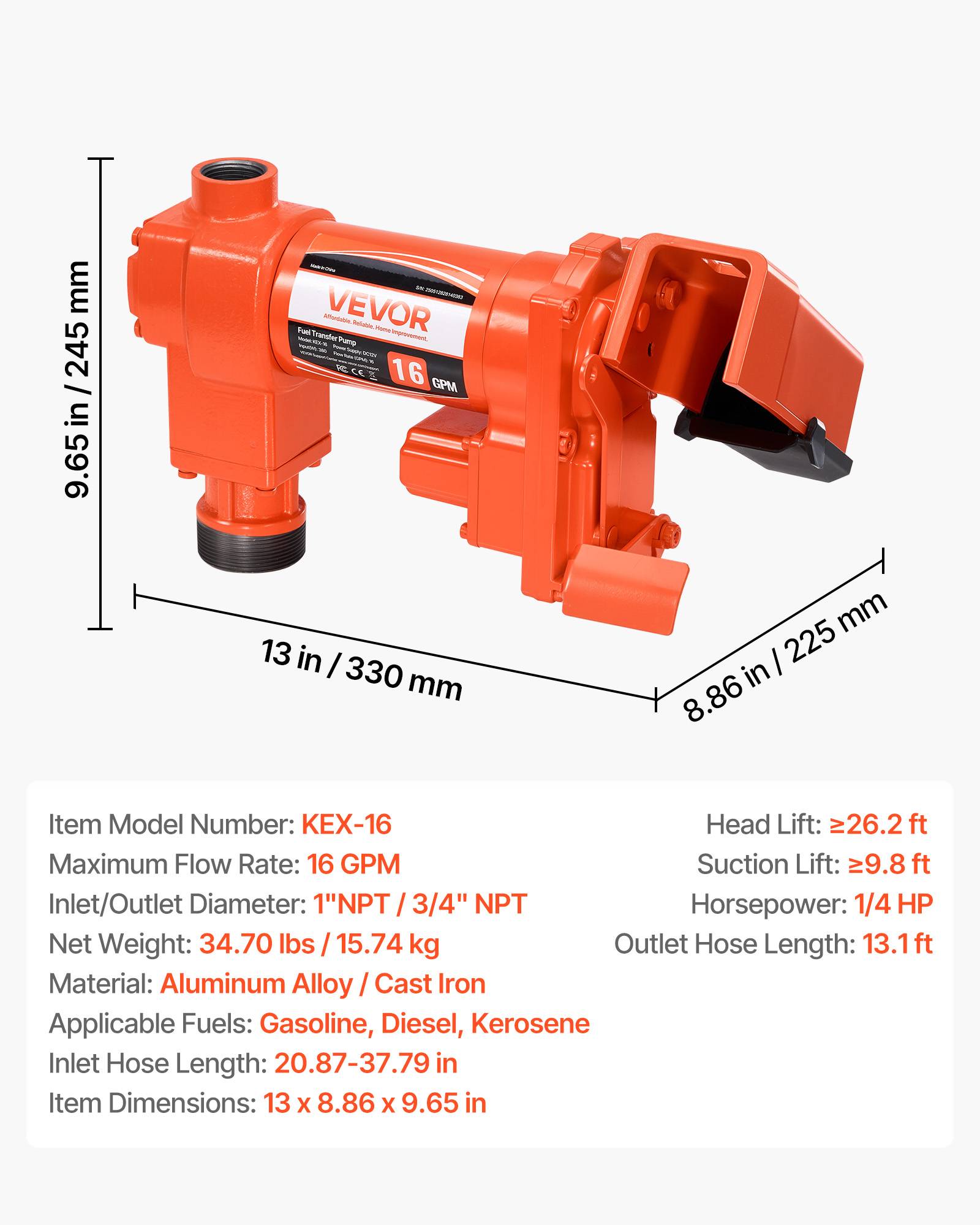 VEVOR Pompe Transfert Carburant Essence Diesel 12 V CC 60,5 L/min Tuyau et Buse - Image 7