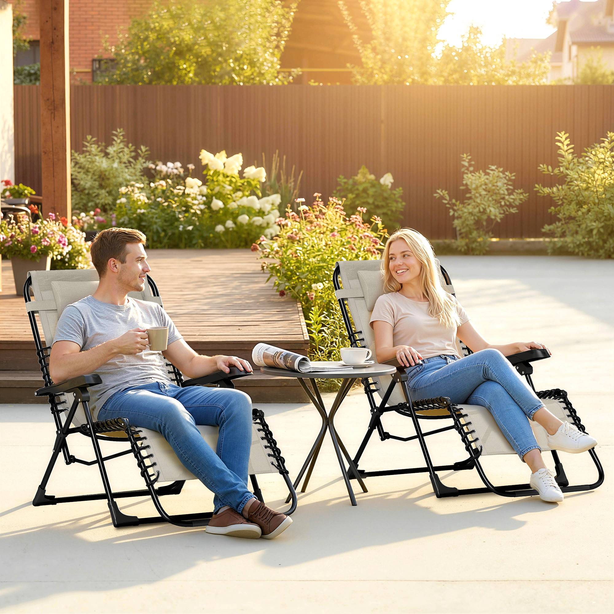 Lot de 2 bain de soleil, chaise longue pliante inclinable - 90x65x112cm Textilène Beige fr75 - Image 4