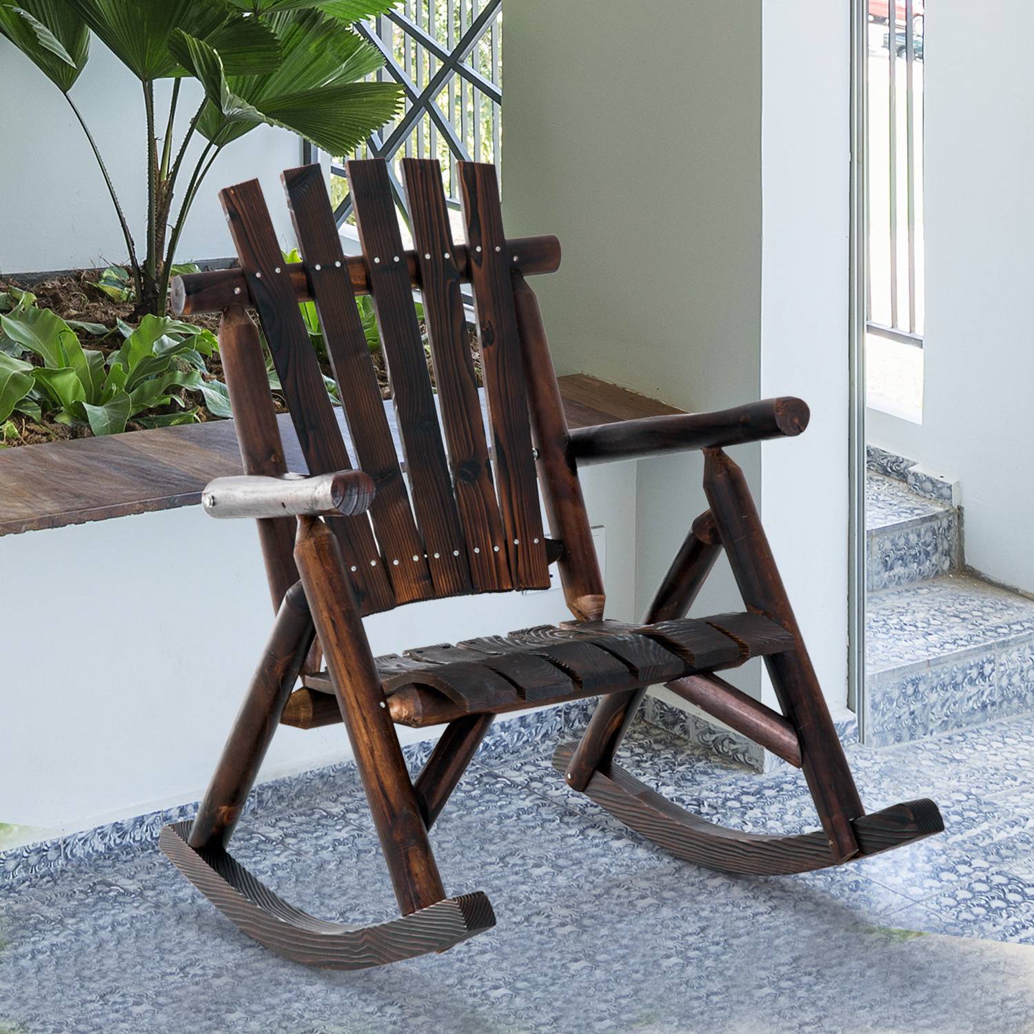 Fauteuil à bascule avec accoudoir en bois massif calciné, résistant aux intempéries, 97 x 69 x 93 cm, idéal pour jardin et terrasse - Image 2