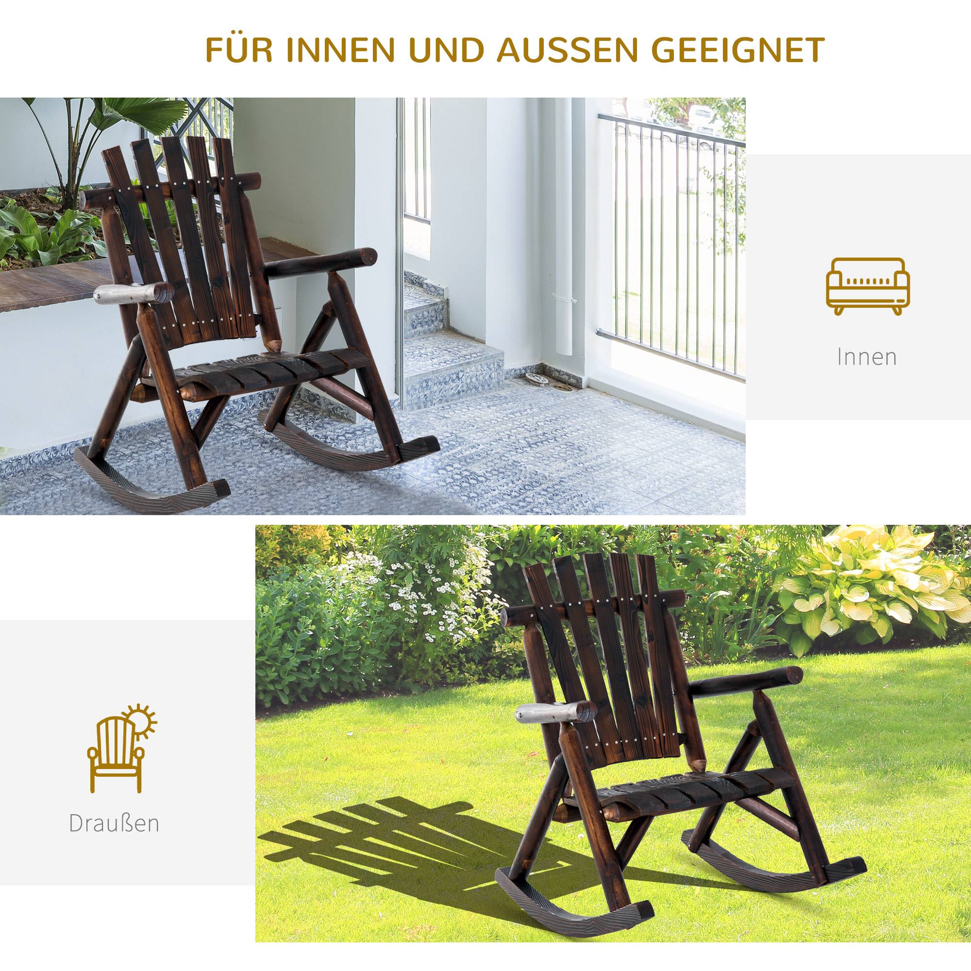 Fauteuil à bascule avec accoudoir en bois massif calciné, résistant aux intempéries, 97 x 69 x 93 cm, idéal pour jardin et terrasse - Image 4